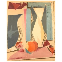 Karl Larsen Danish Painter, Color Lithography, Cubist Still Life