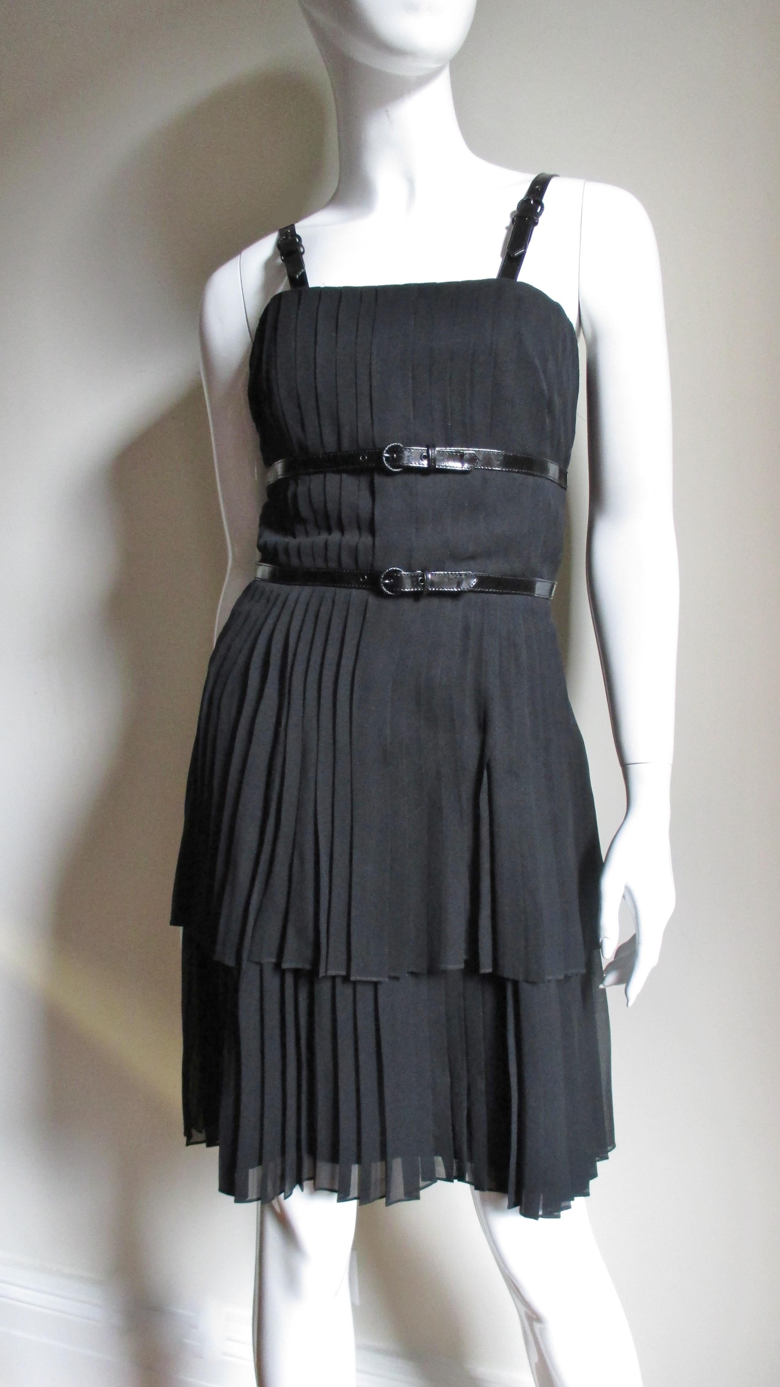 Black Karl Lagerfeld Silk Dress with Leather Straps For Sale