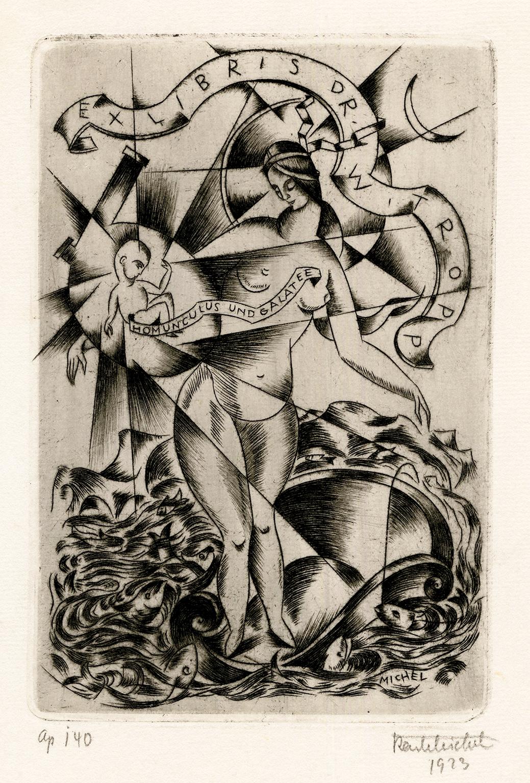 Karl Michel Figurative Print - 'Ex Libris Dr. Witropp' — German Expressionism