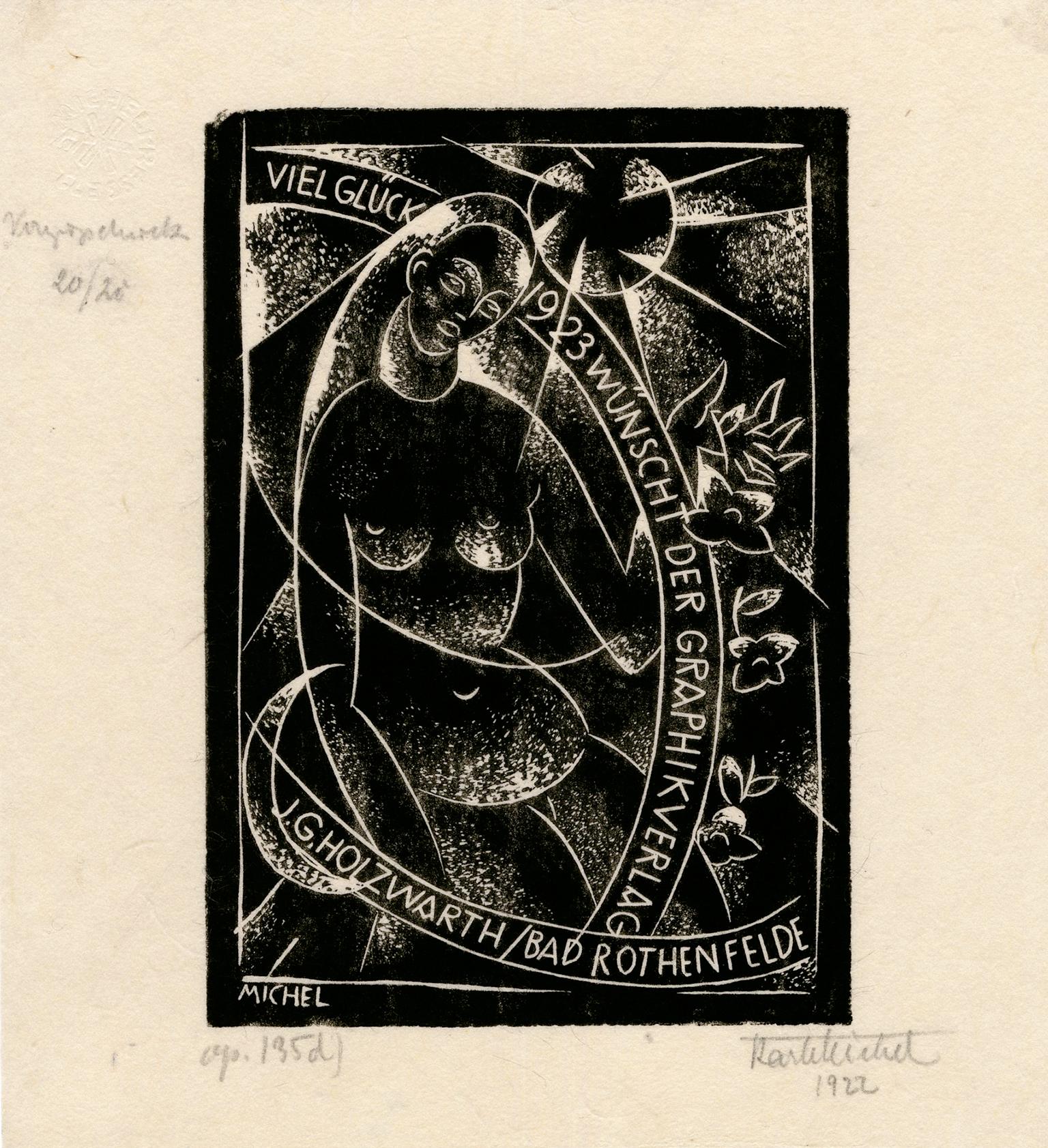 Karl Michel Figurative Print - 'Viel Gluck 1923' (Good Luck Wishes)  — 1920s German Expressionism