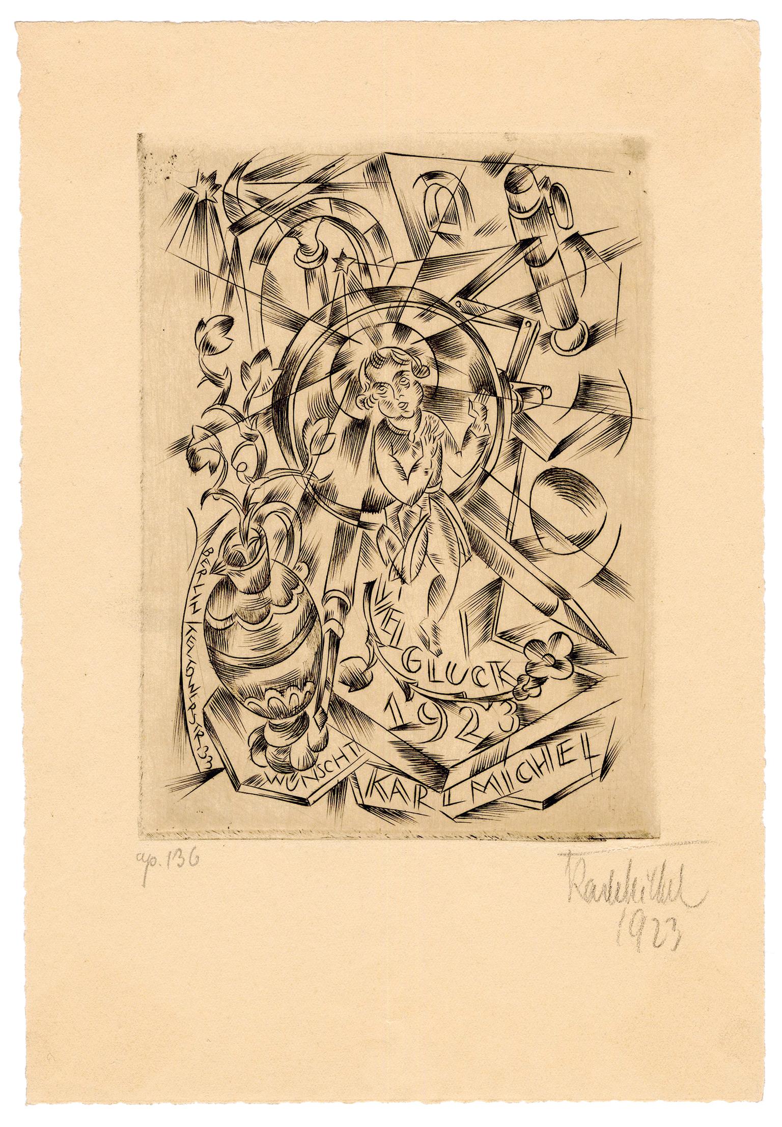 Viel Gluck 1923“  - Neujahrsgruß - Deutscher Expressionismus der 1920er Jahre – Print von Karl Michel