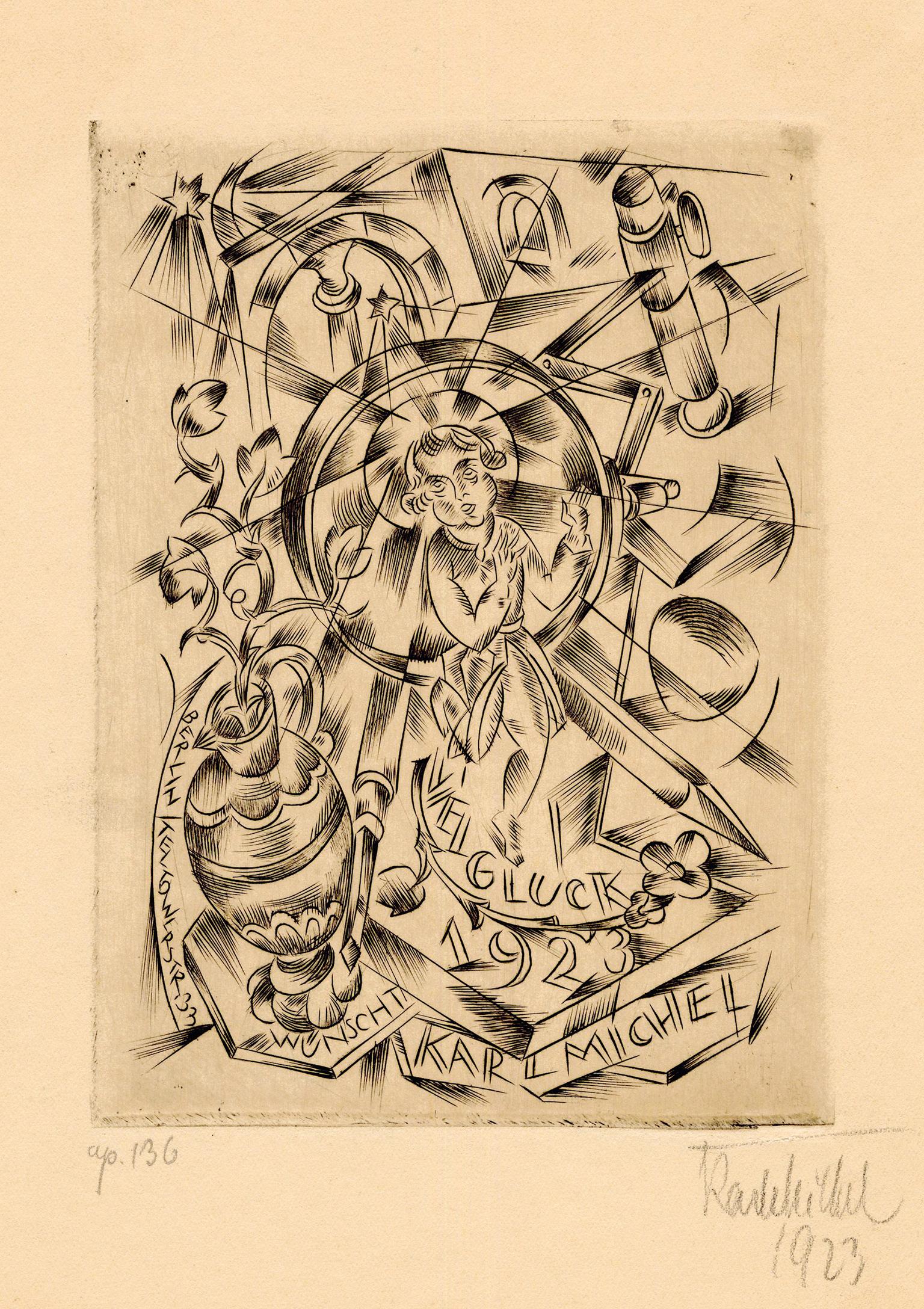 Karl Michel Figurative Print – Viel Gluck 1923“  - Neujahrsgruß - Deutscher Expressionismus der 1920er Jahre