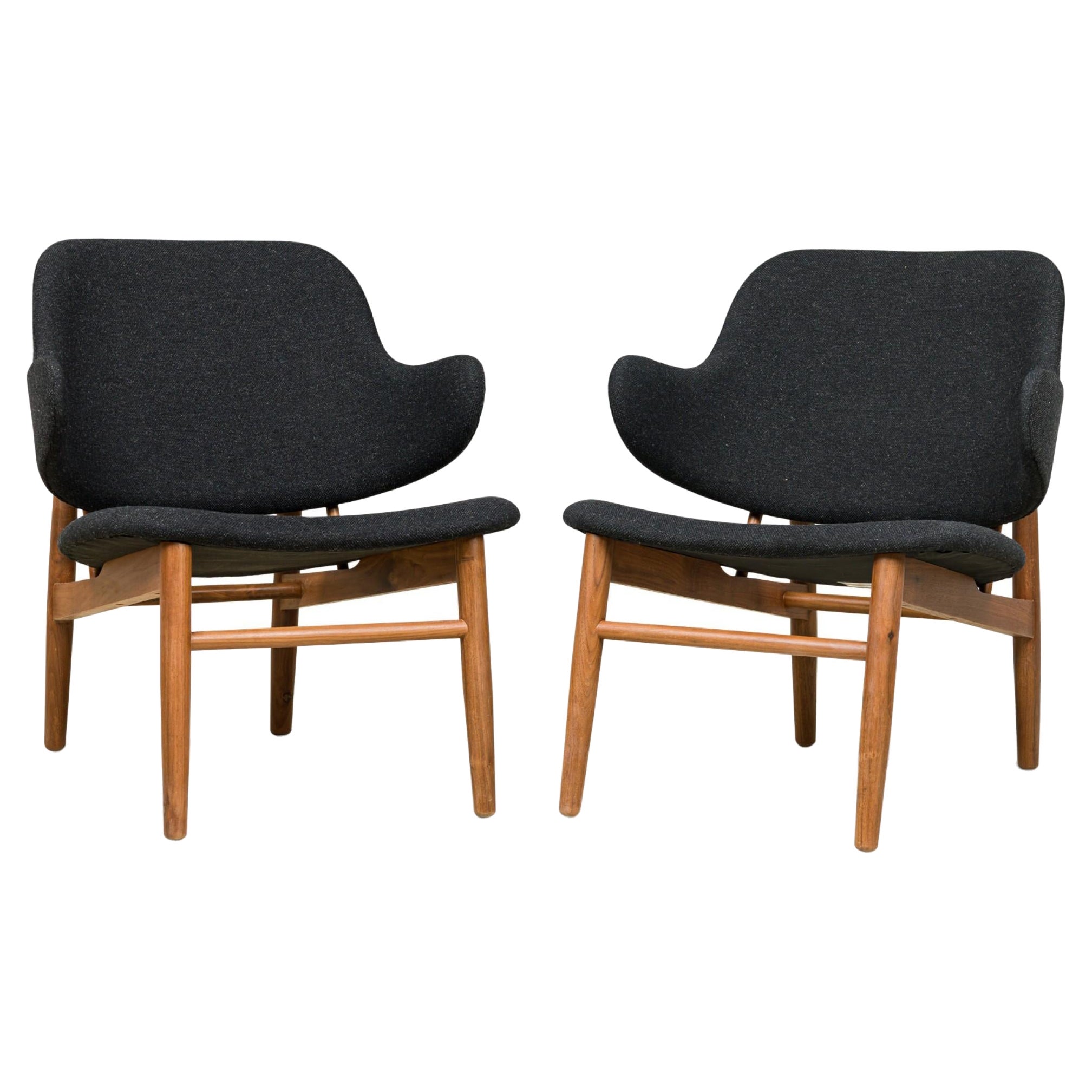 Karl Mid-Century Style Walnut & Textured Charcoal Gray Upholstered Armchairs For Sale