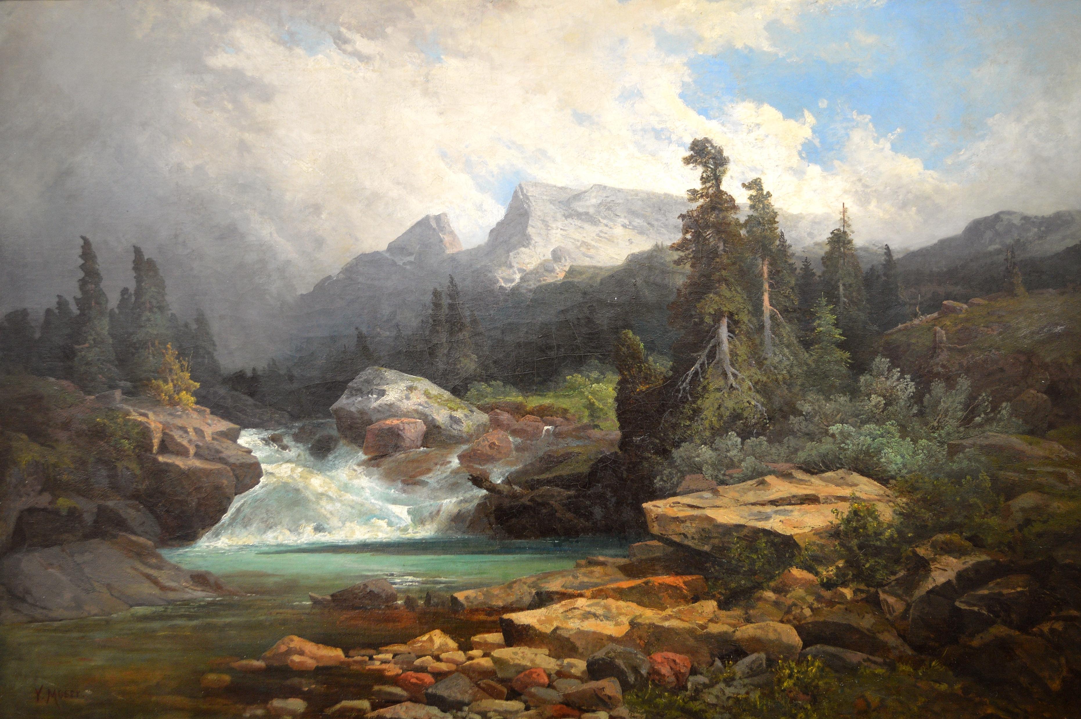 Karl Moser Landscape Painting - Dolomite Landscape - Huge Italian Austrian Mountain River Waterfall Oil Painting