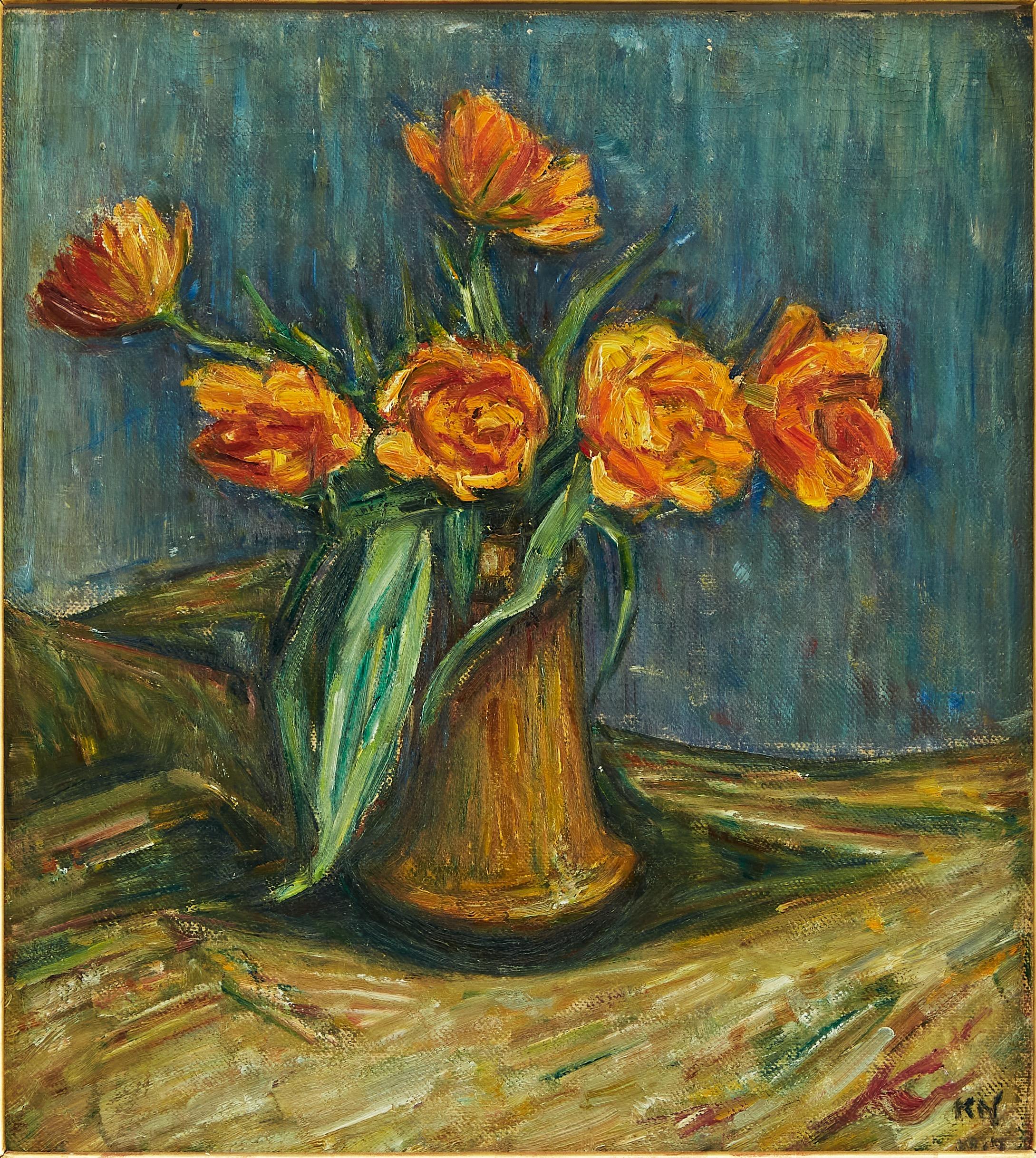 A beautiful still-life of yellow and red tulips in a vase by Karl Nordström (1855-1923), signed 'KN' and dated a tergo 1917. The vibrant flowers are standing in a vase which is placed on a cloth against a bluish-green background.  

Karl Fredrik