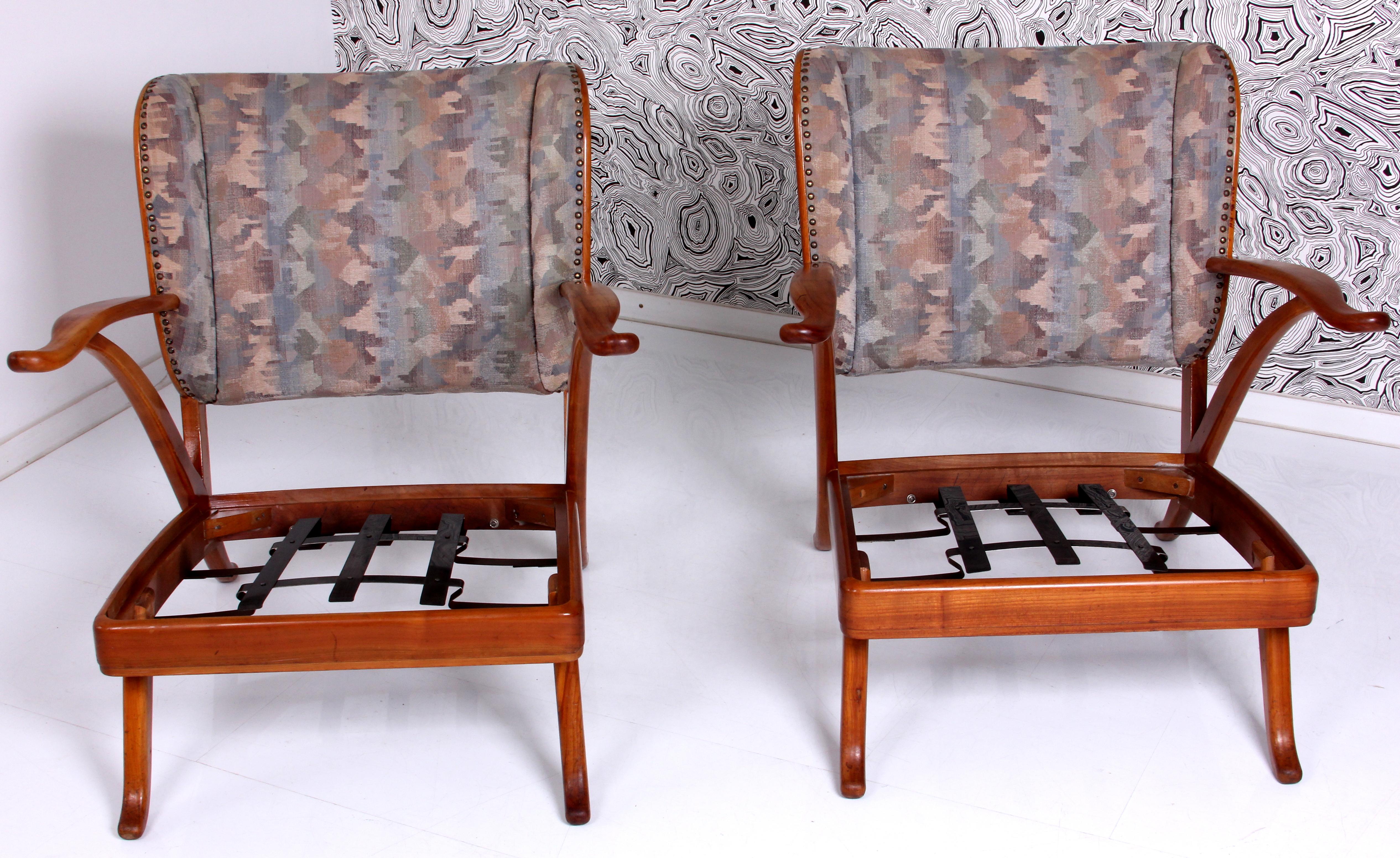Fabric Karl Nothhelfer very rare SET of 2 Wingback Armchairs & Sofa 1950s solid Cherry  For Sale