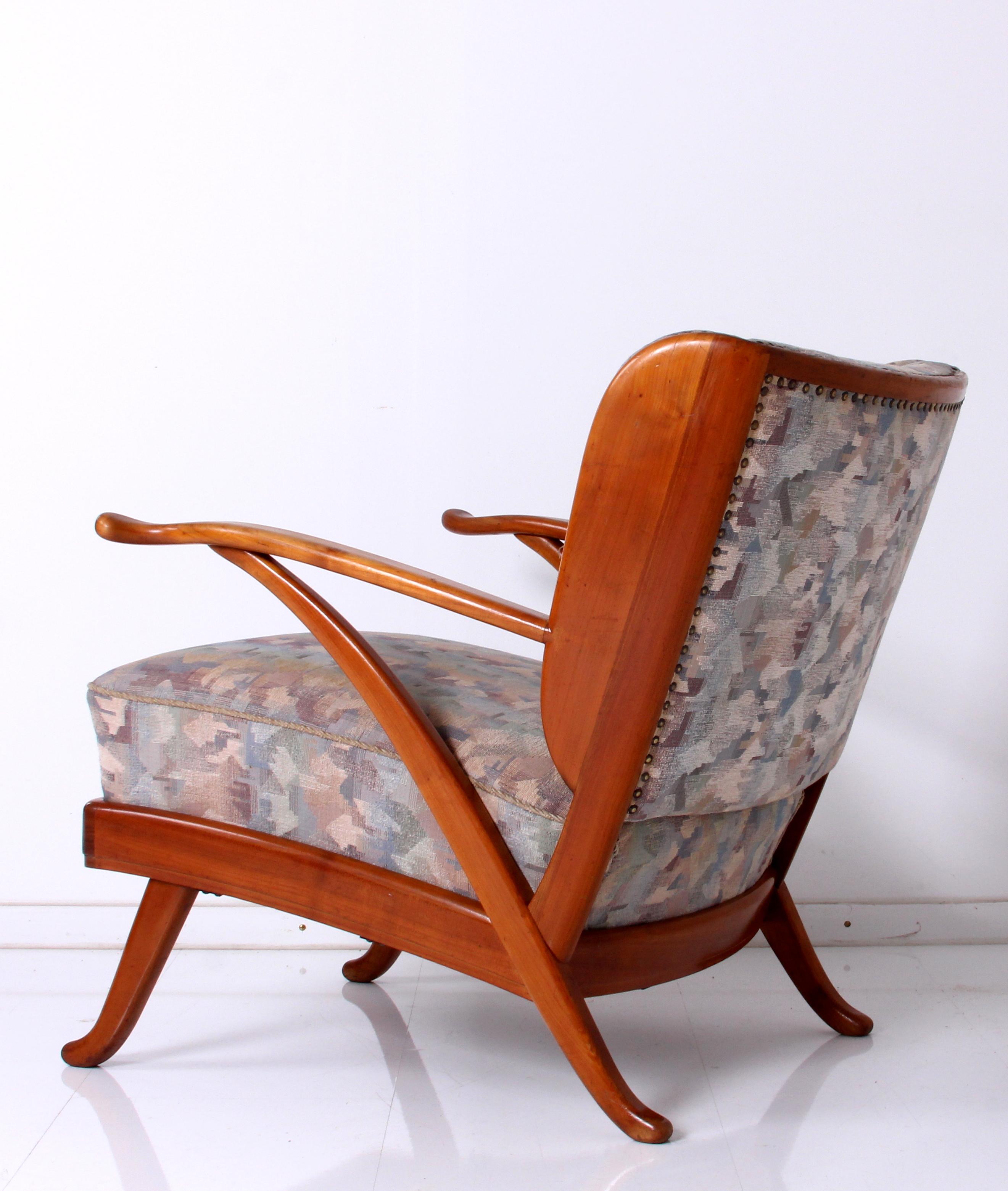 Fabric Karl Nothhelfer very rare SET of 2 Wingback Armchairs & Sofa 1950s solid Cherry  For Sale