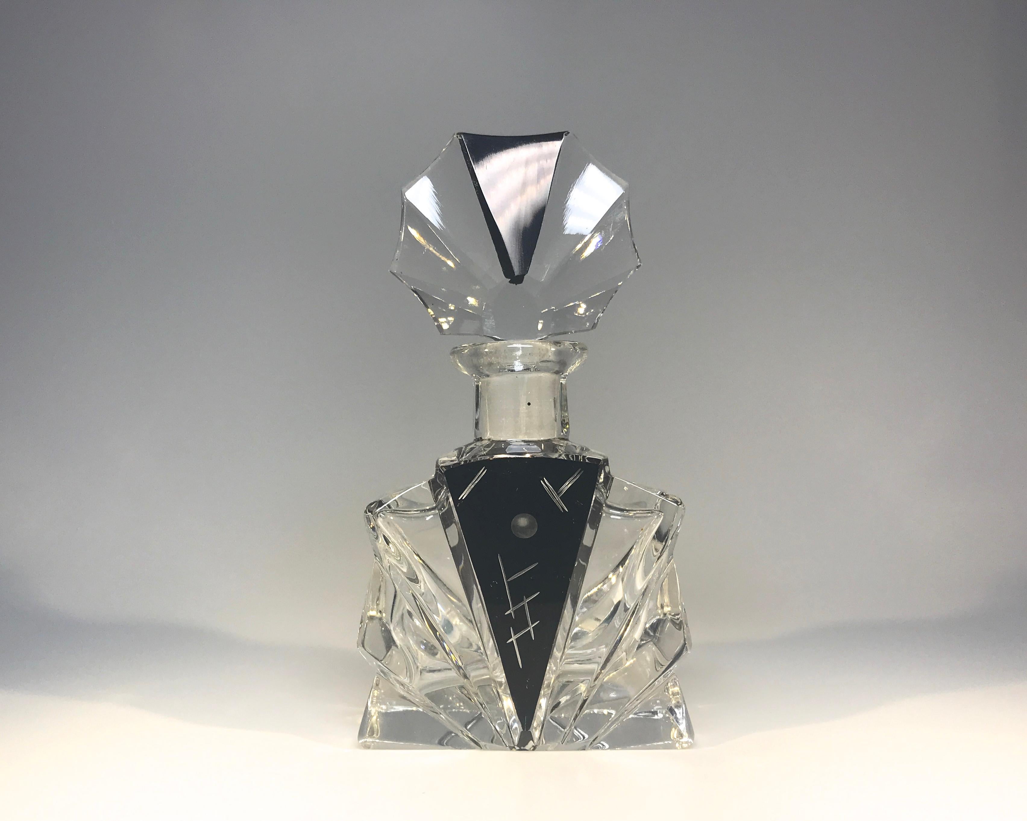 20th Century Karl Palda Art Deco Black Enamel Engraved Decor Bohemian Perfume Bottle, 1930s