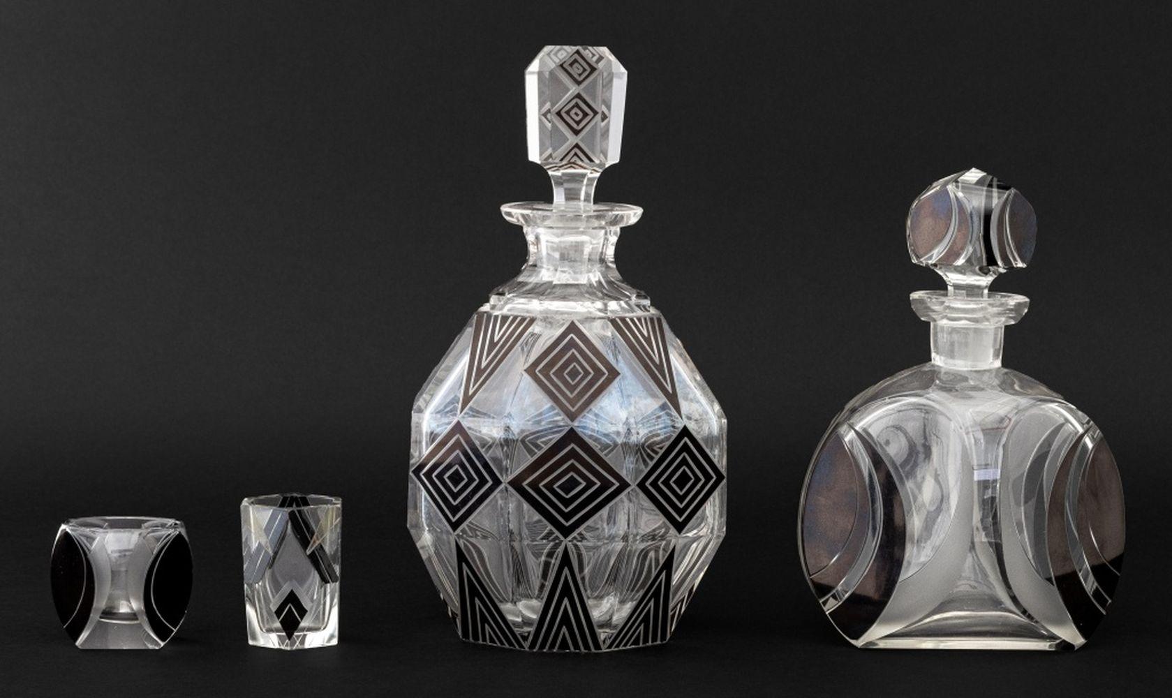 Art Deco Karl Palda Attr. Bohemian Glass Barware, 9 For Sale