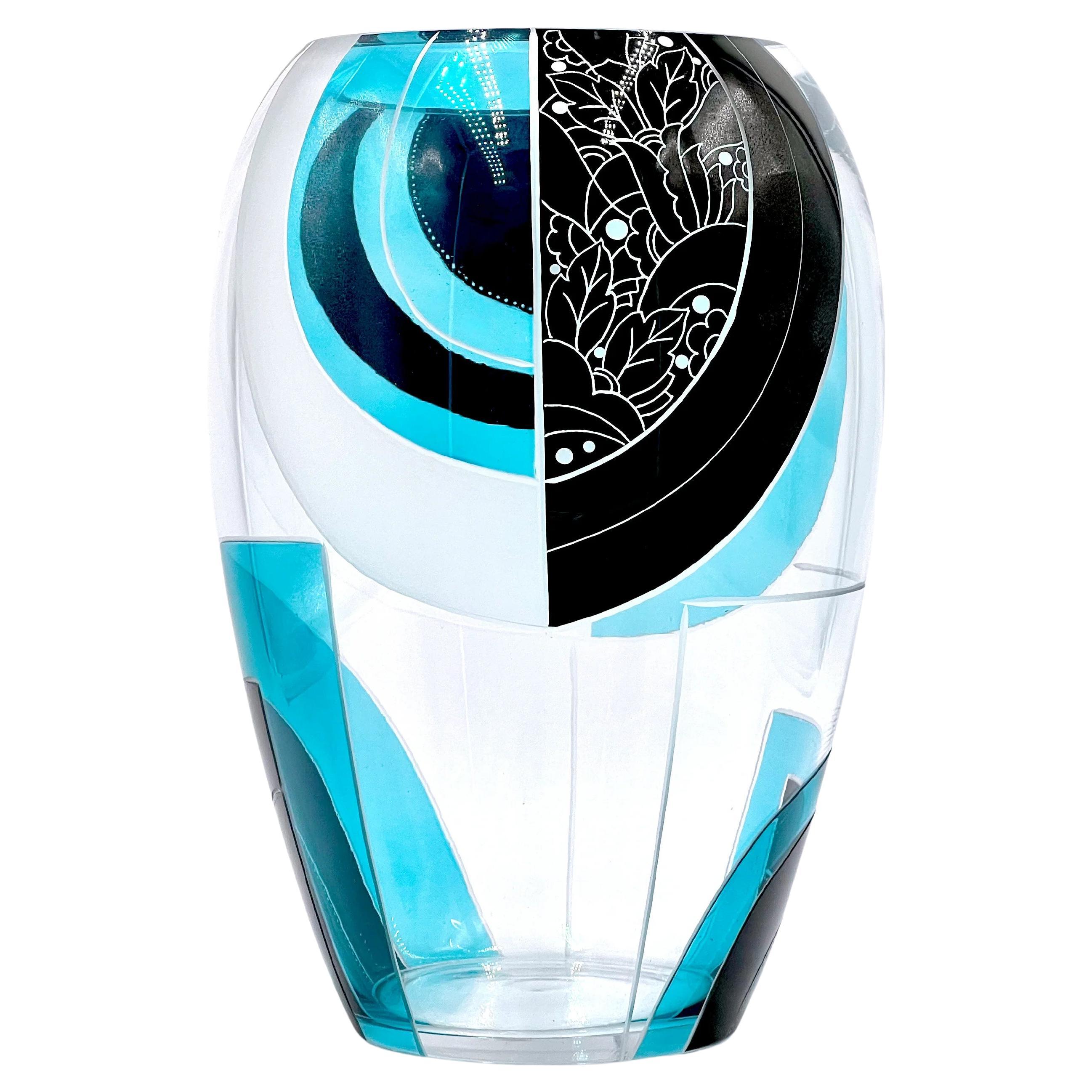 Vaso da 9,5 pollici della vetreria Karl Palda (Cecoslovacchia) - Turchese, nero in vendita