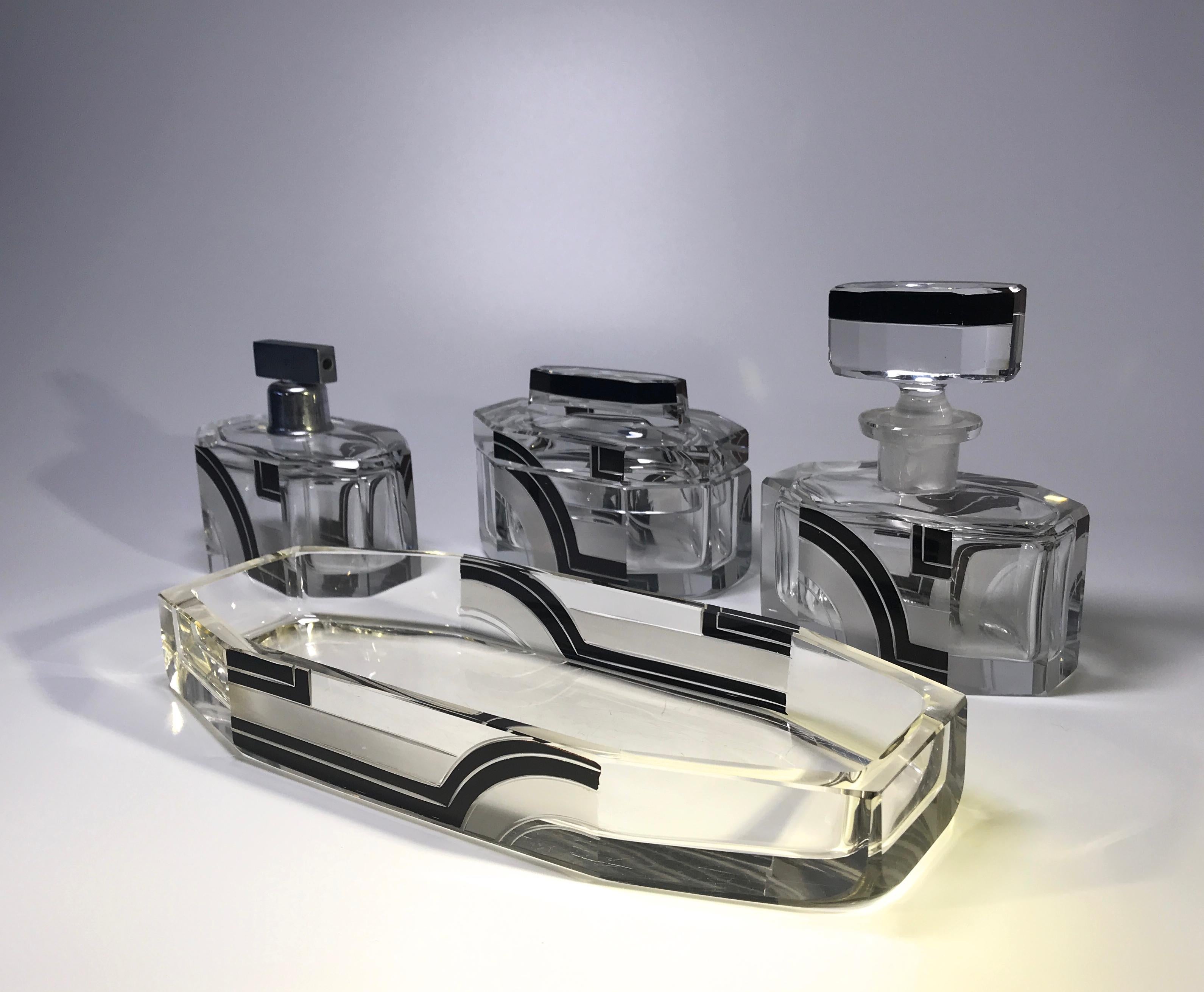 Karl Palda Original Art Deco Czech Black Enamel 4-Piece Vanity Perfume Set, 1930 1