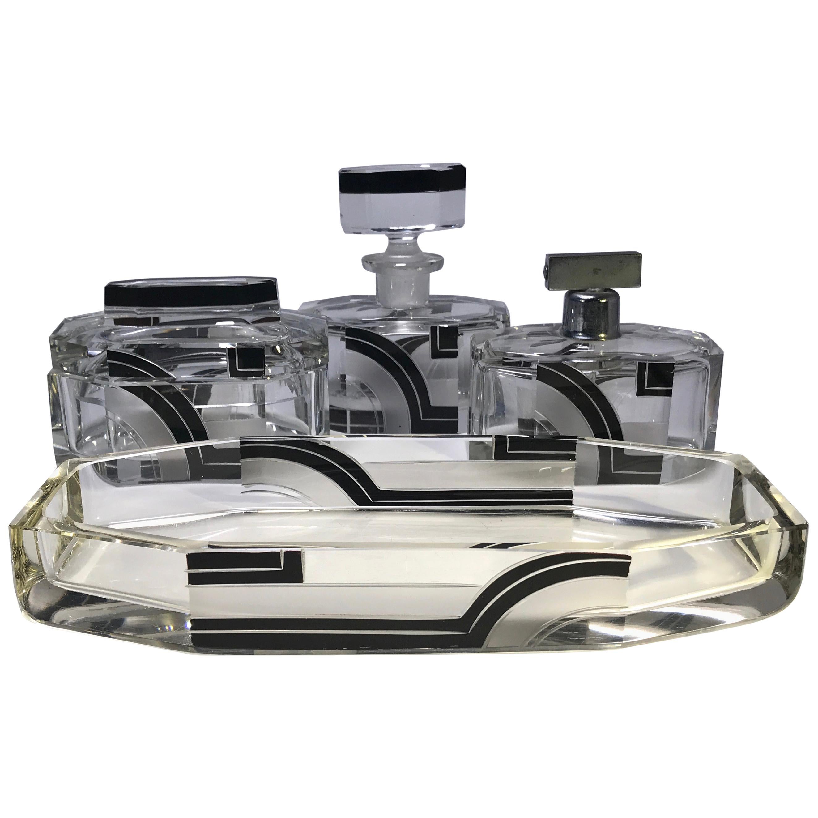 Karl Palda Original Art Deco Czech Black Enamel 4-Piece Vanity Perfume Set, 1930