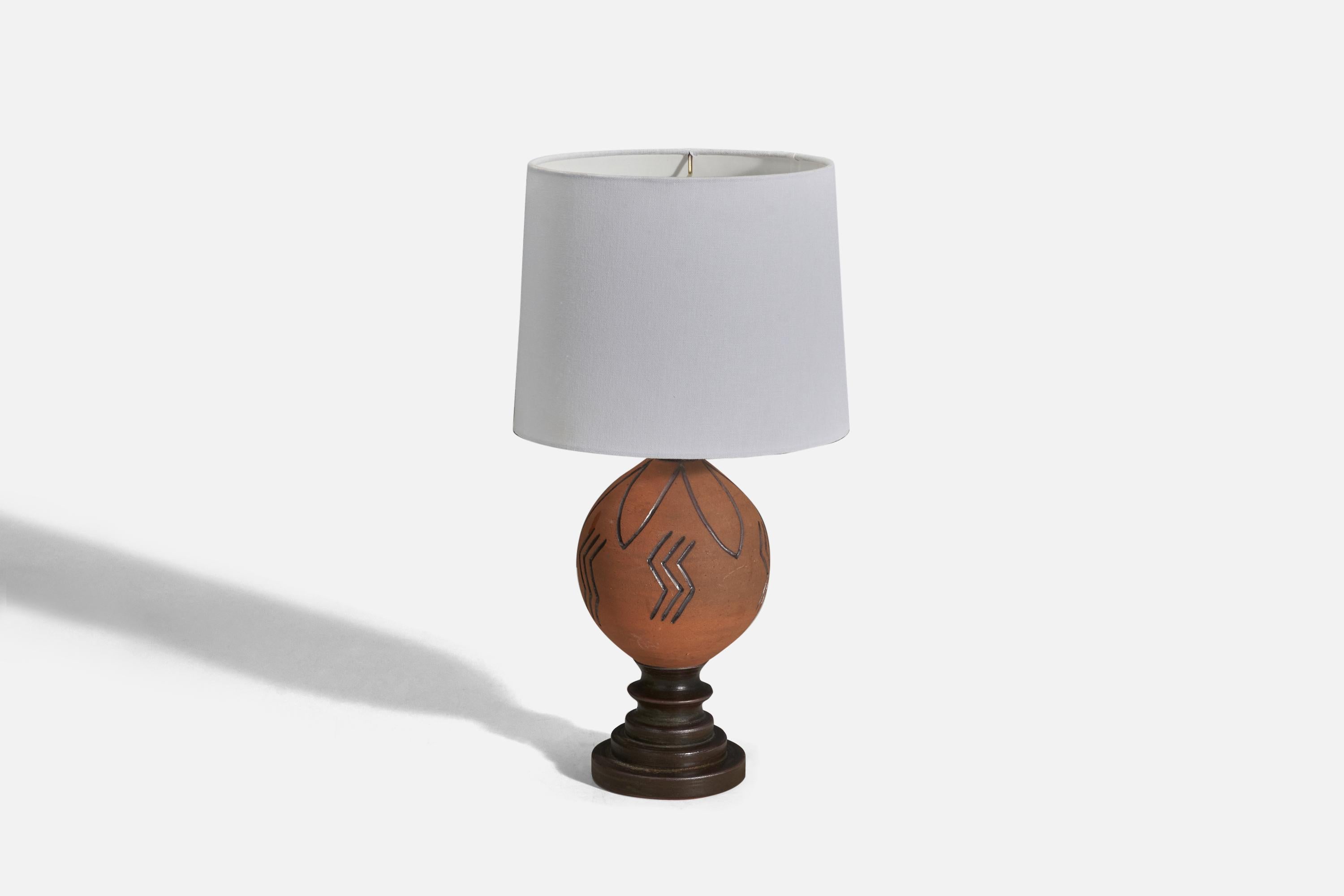Scandinavian Modern Karl Persson, Table Lamp, Brown Glazed Stoneware, Höganäs Keramik, Sweden, 1940s For Sale