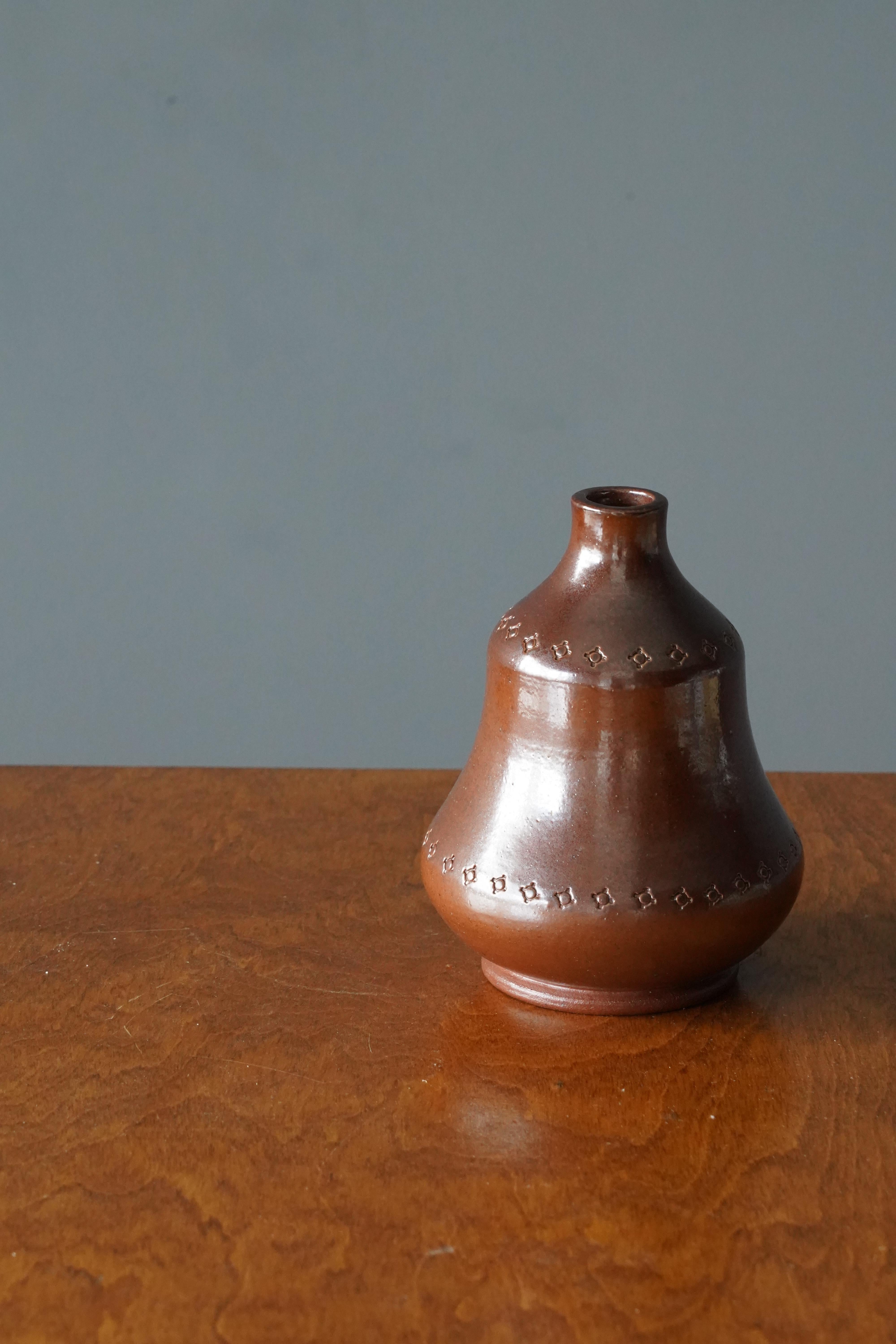 Swedish Karl Persson, Vase, Brown Salt Glazed Stoneware, Höganäs Keramik, Sweden, 1940s