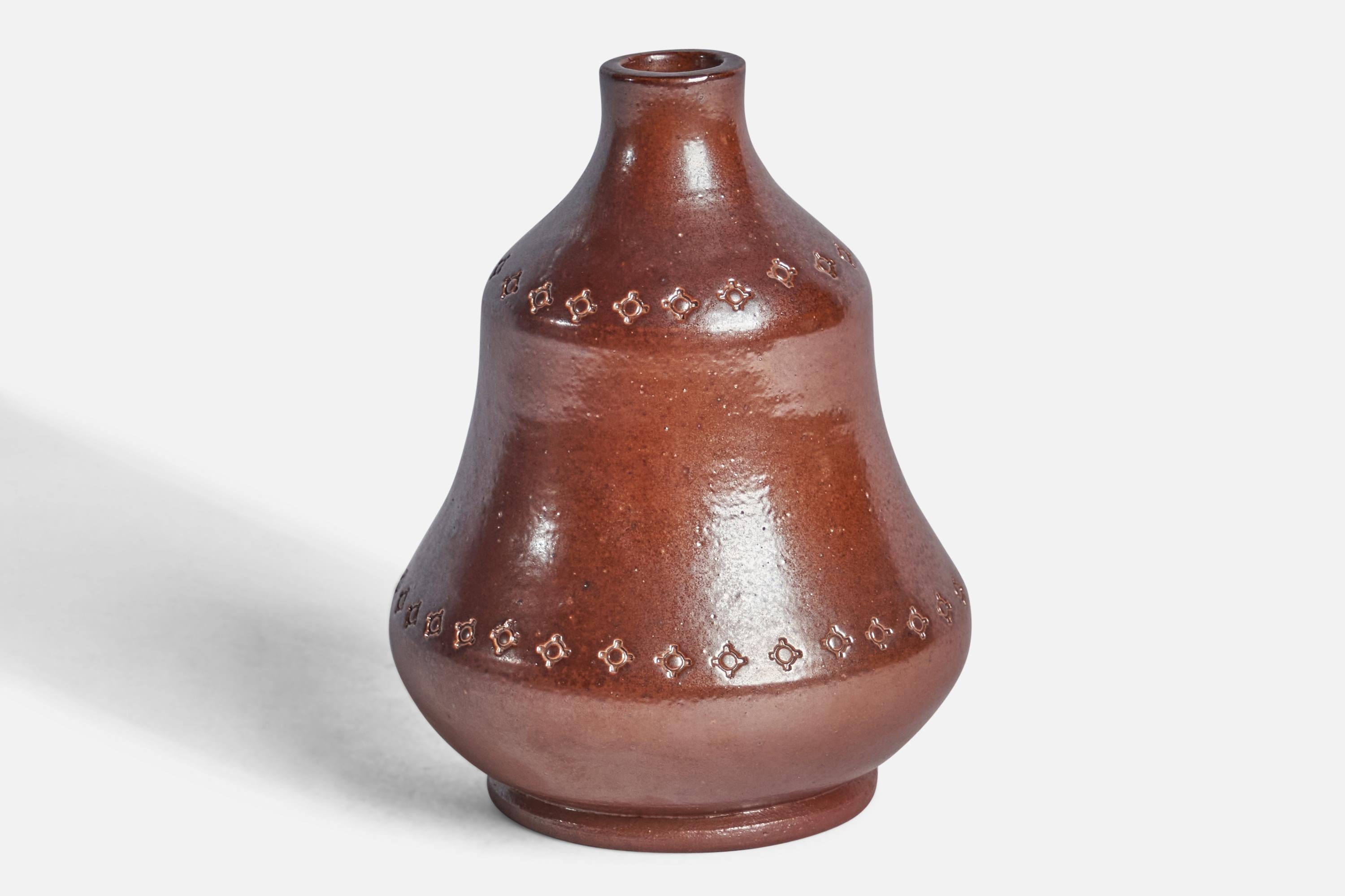 A brown-glazed stoneware vase designed by Karl Persson and produced by Höganäs Keramik, Sweden, 1940s.