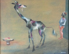Vintage "The Giraffe, " Pastel & Casein on Paperboard by Karl Priebe