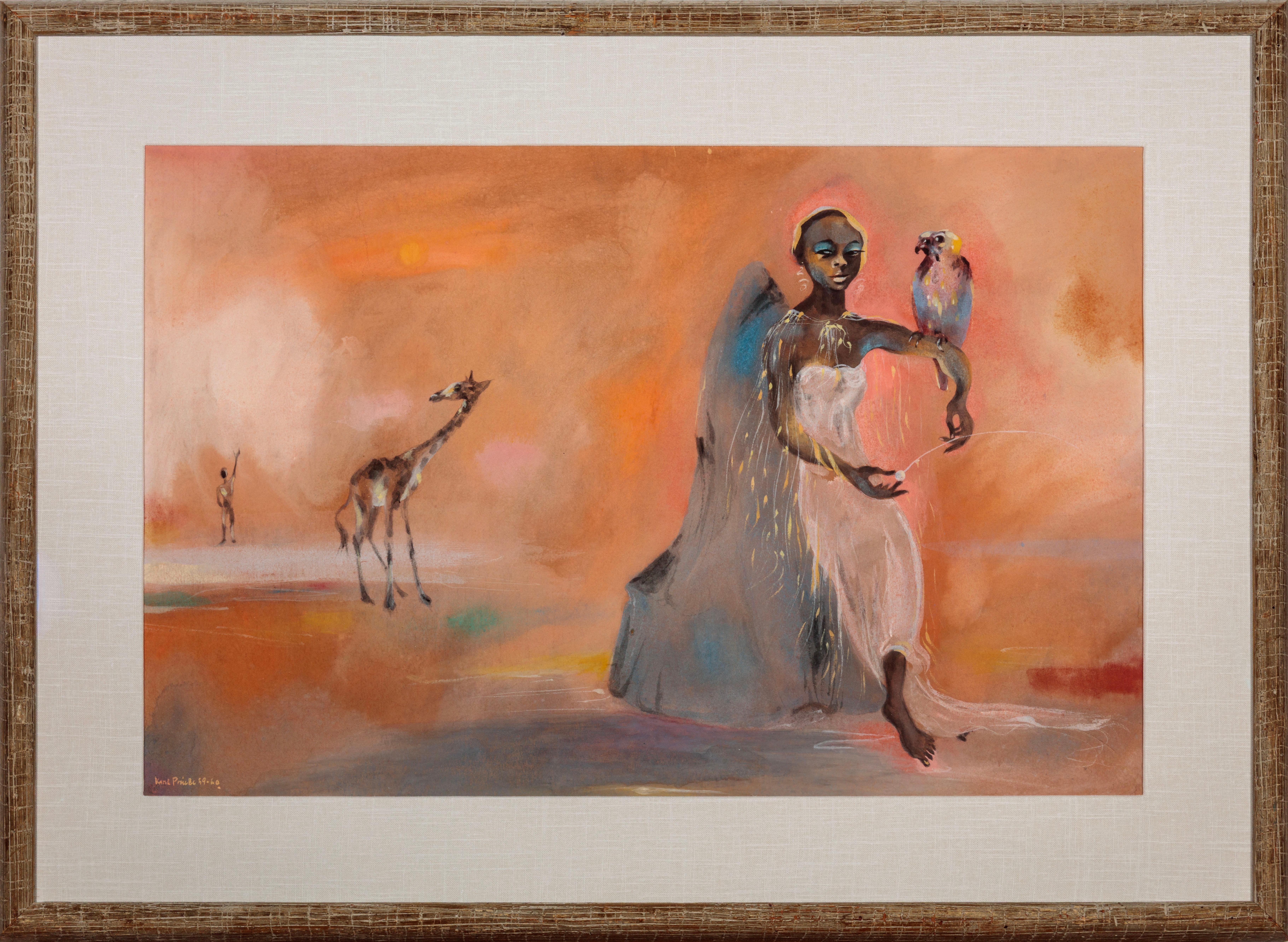 Frau mit Falke und Giraffe – Painting von Karl Priebe