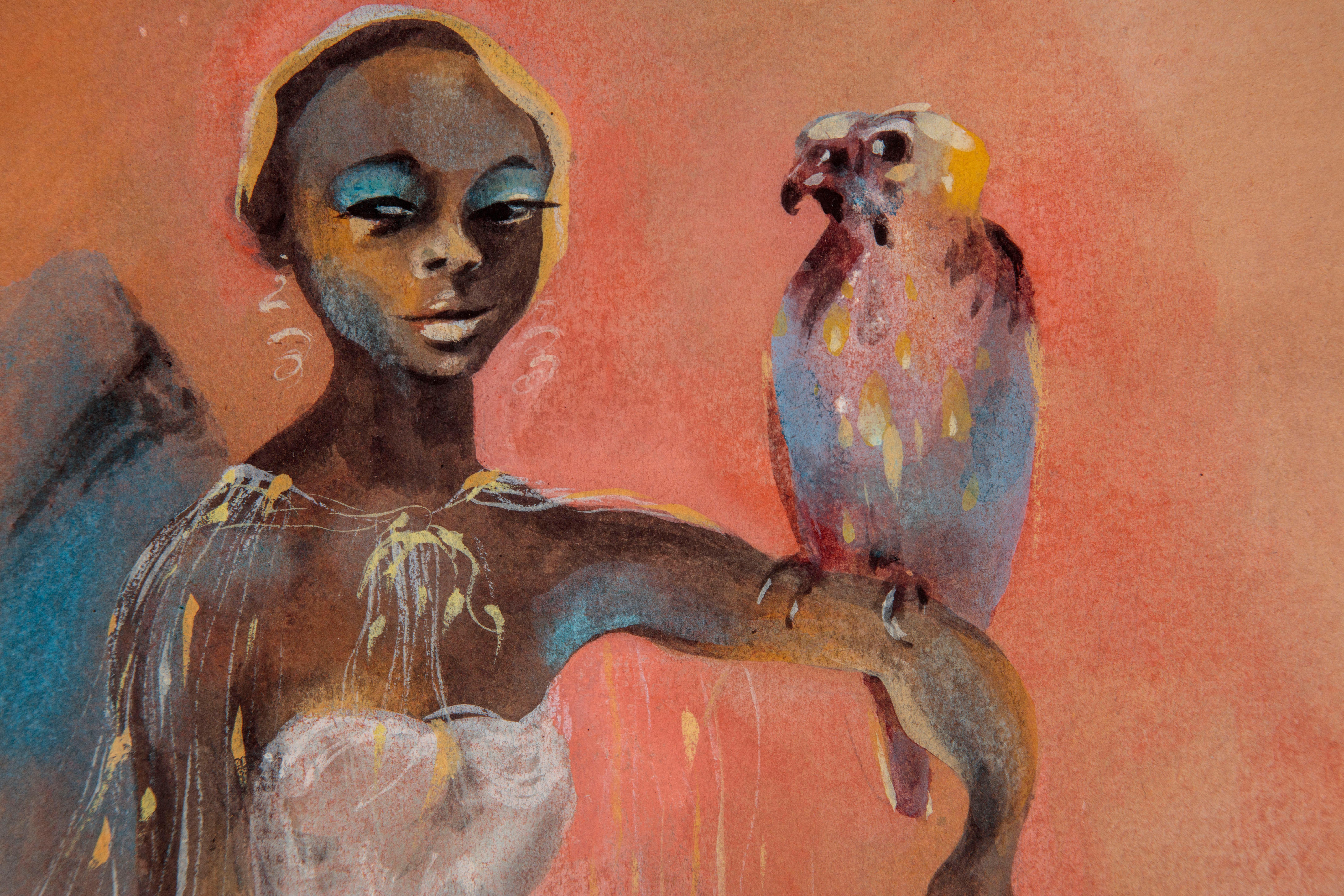 Frau mit Falke und Giraffe (Braun), Figurative Painting, von Karl Priebe