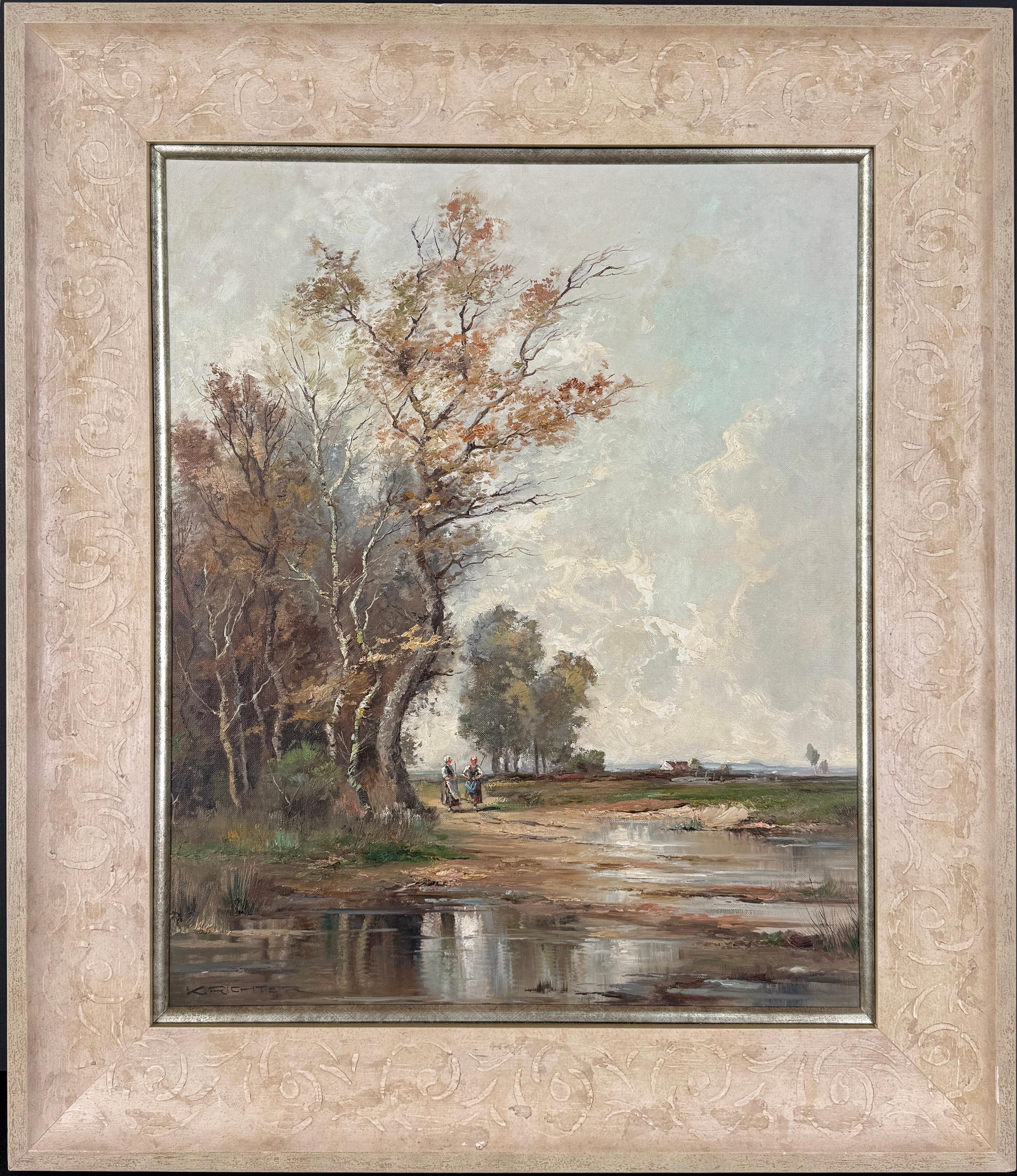 Dos doncellas junto a un arroyo según Narciso Díaz de La Peña Barbizon - Óleo original