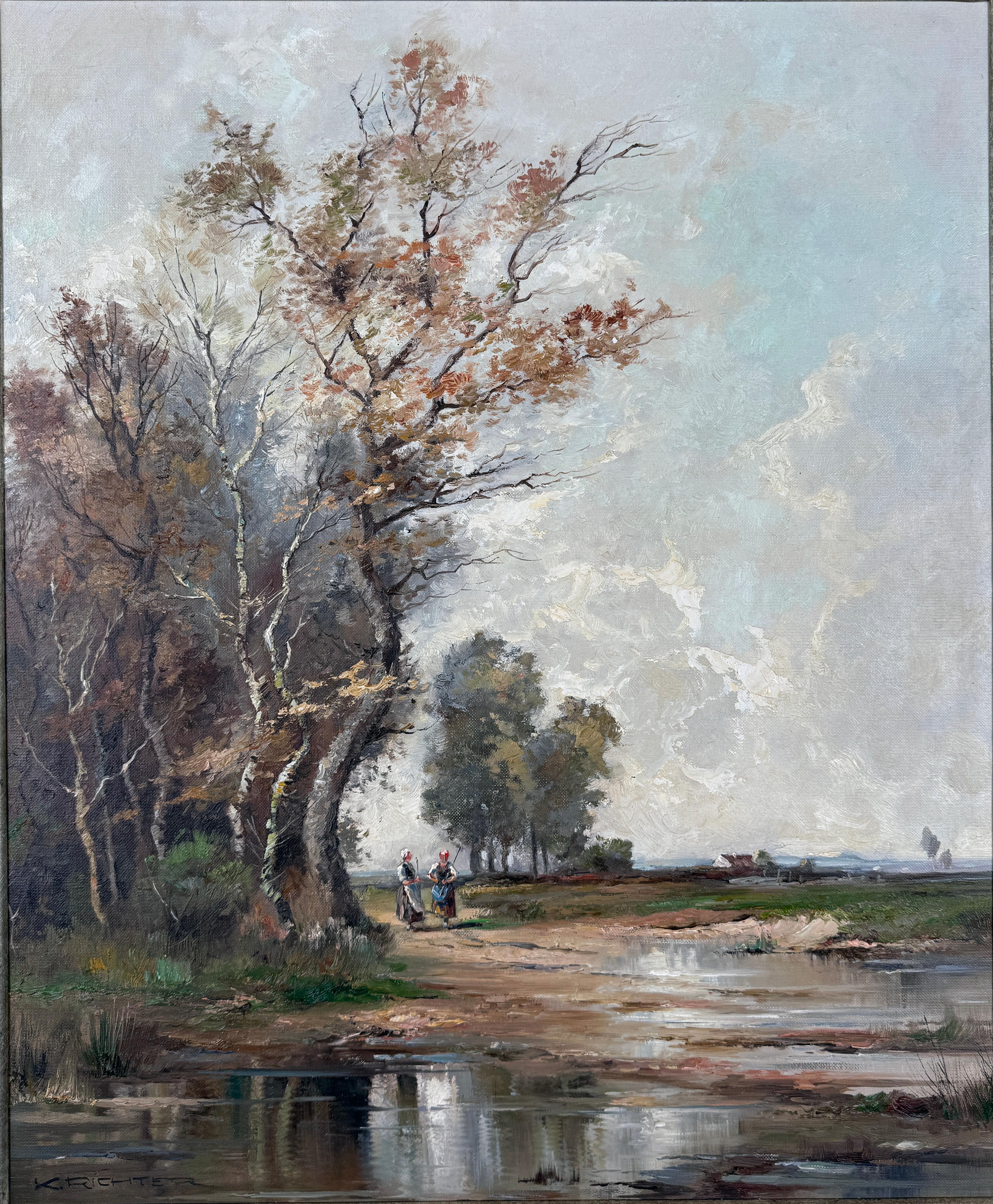 Due fanciulle presso un ruscello dopo Narciso Diaz de La Pena Barbizon - Olio originale - Painting di Karl Richter