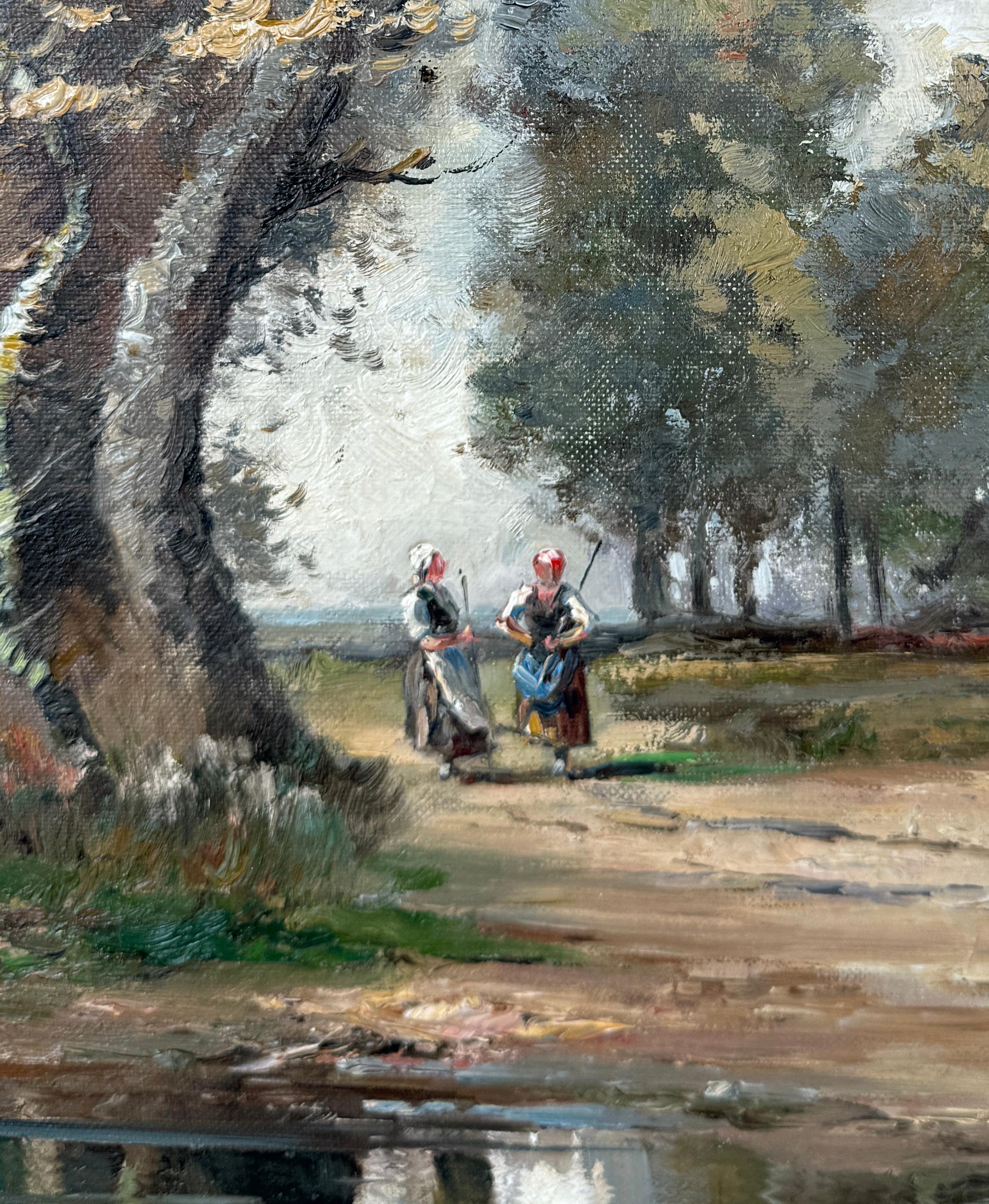 Due fanciulle presso un ruscello dopo Narciso Diaz de La Pena Barbizon - Olio originale - Figurative Painting Beige di Karl Richter