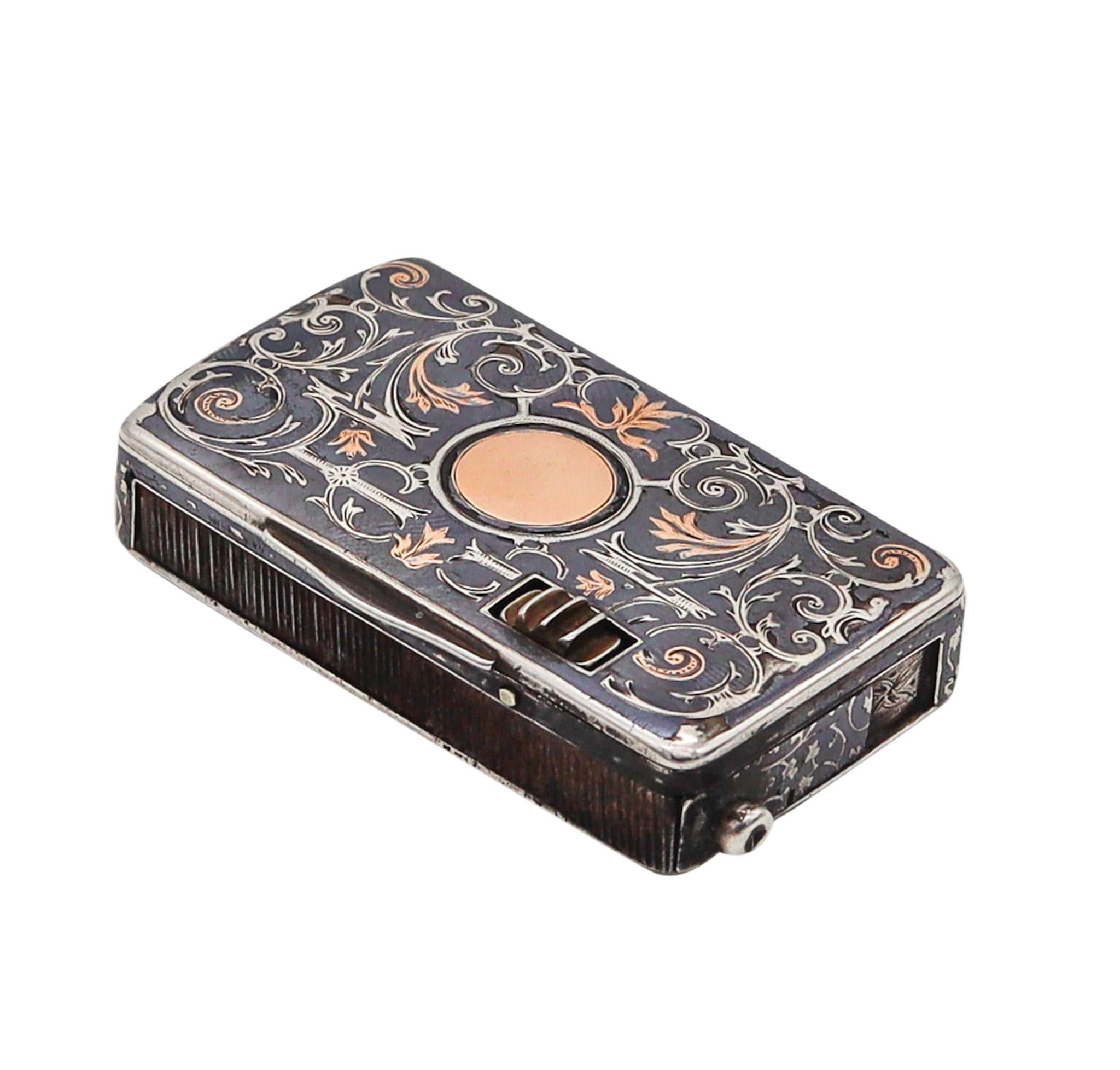 Austro-Hungarian empire mechanical vesta tinder case made by Karl Rössler

Beautiful antique fusee vesta tinder case, created in Vienna Austria around the 1890. It was crafted at the workshop of Karl Rössler, during the Austro-Hungarian empire