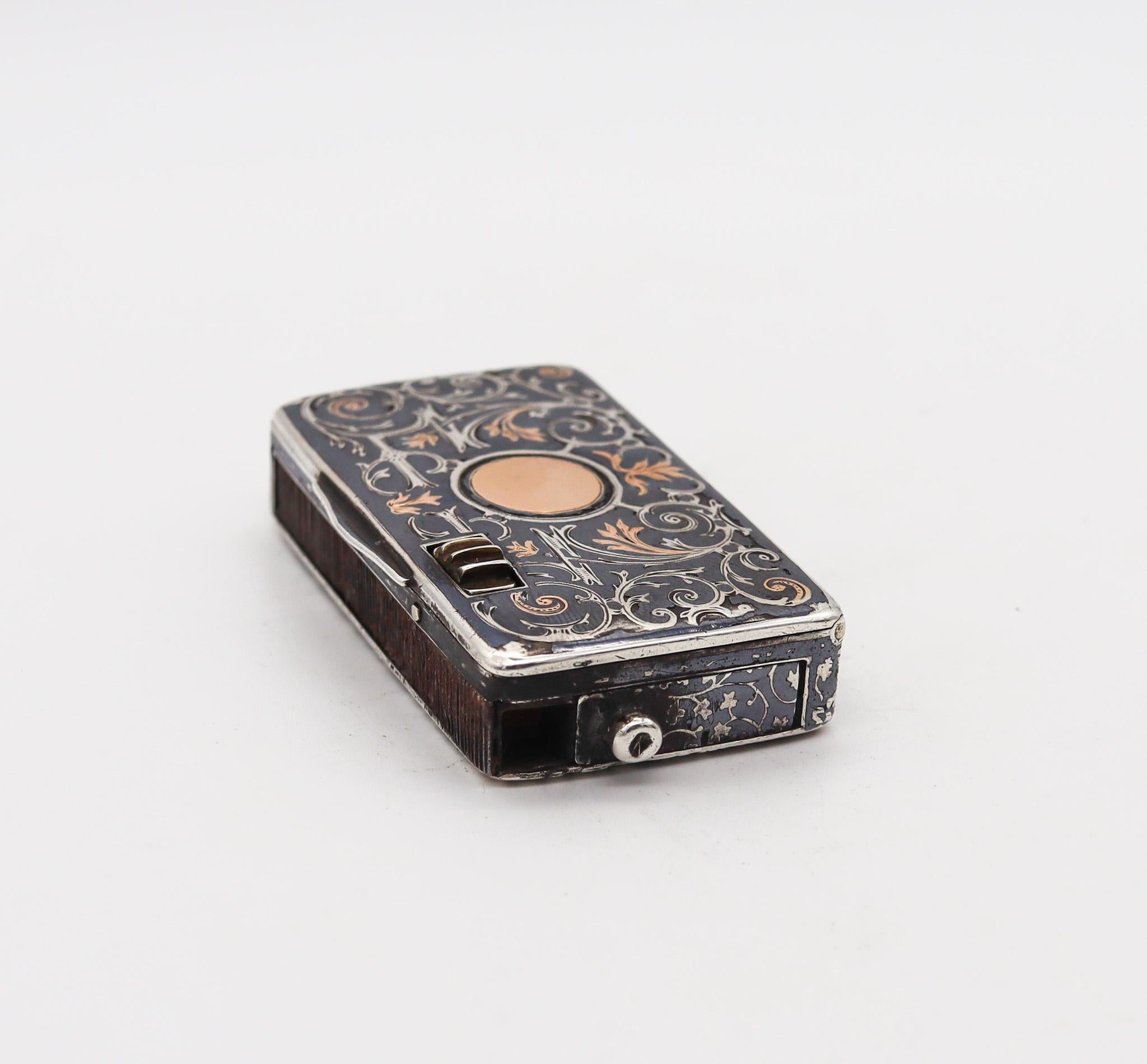 Hand-Crafted Karl Rössler 1890 Austrian Vesta Tinder Box In .800 Silver 18Kt Gold And Niello For Sale