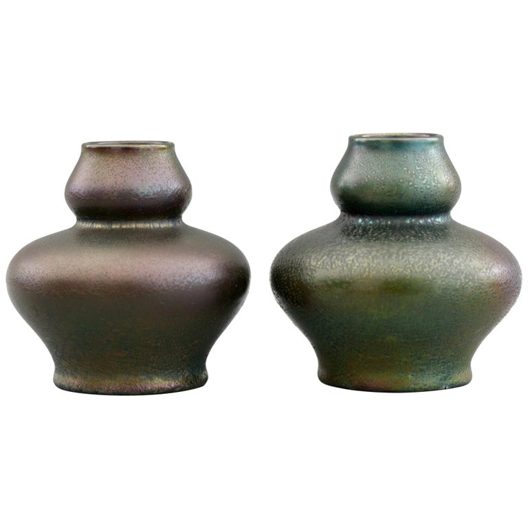 Karl Rudolf Ditmar Pair of Art Nouveau Iridescent Art Pottery Vases For Sale
