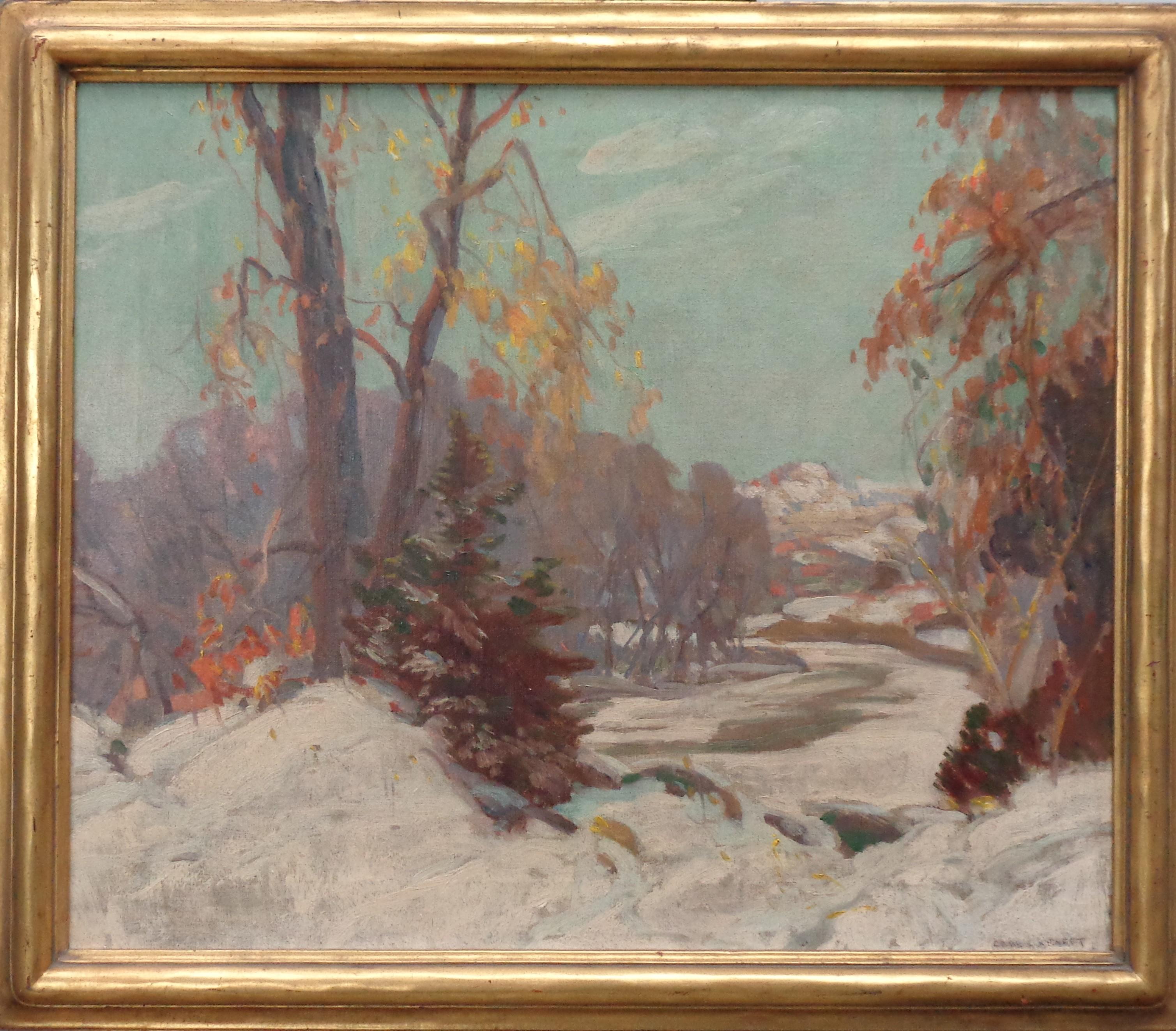 Winter Scene
oil/canvas
20 x 24 image size, 23.75 x 27.50 framed
Here is a very nice winter snow scene oil painting on canvas by Midwest American Artist Karl Rudolph Krafft.  Original frame shows wear from age with missing gold in spots around the