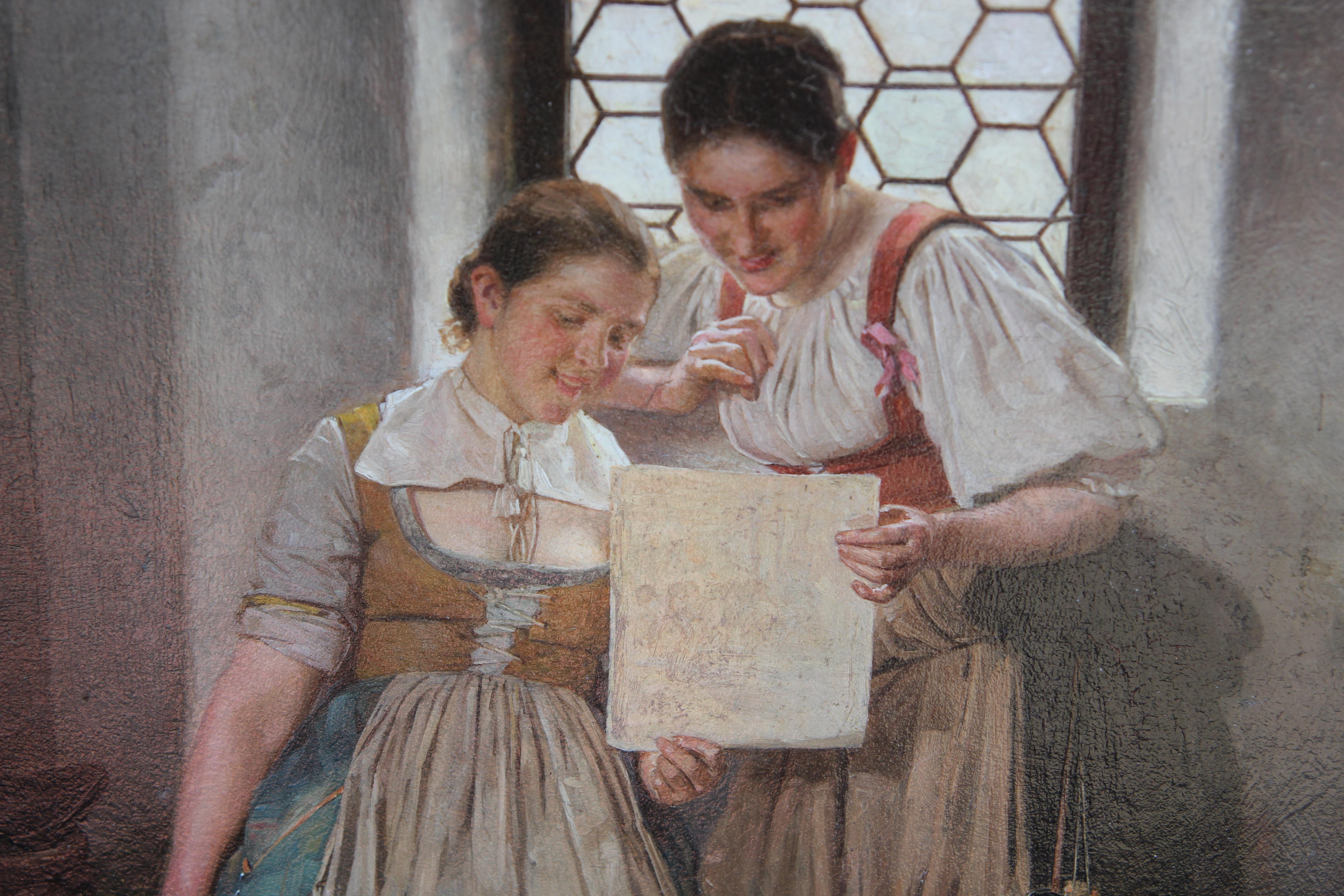 Two Young Girls Going Through the Family Portraits Realistic Painting - Brown Figurative Painting by Karl Rudolph Sohn