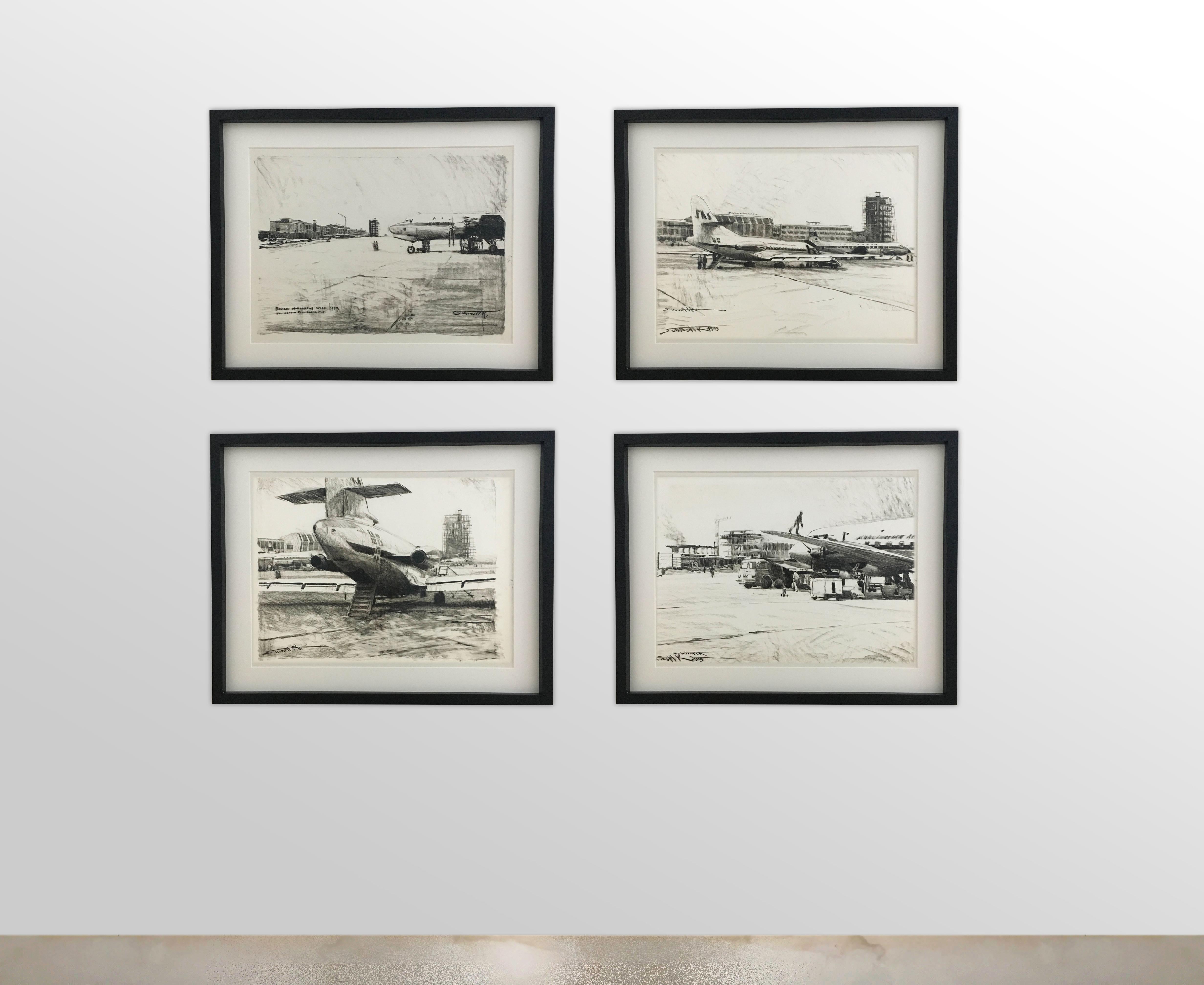 Karl Schiestl set of four large Airport Vienna 'Neubau' drawings, Austria, 1959.