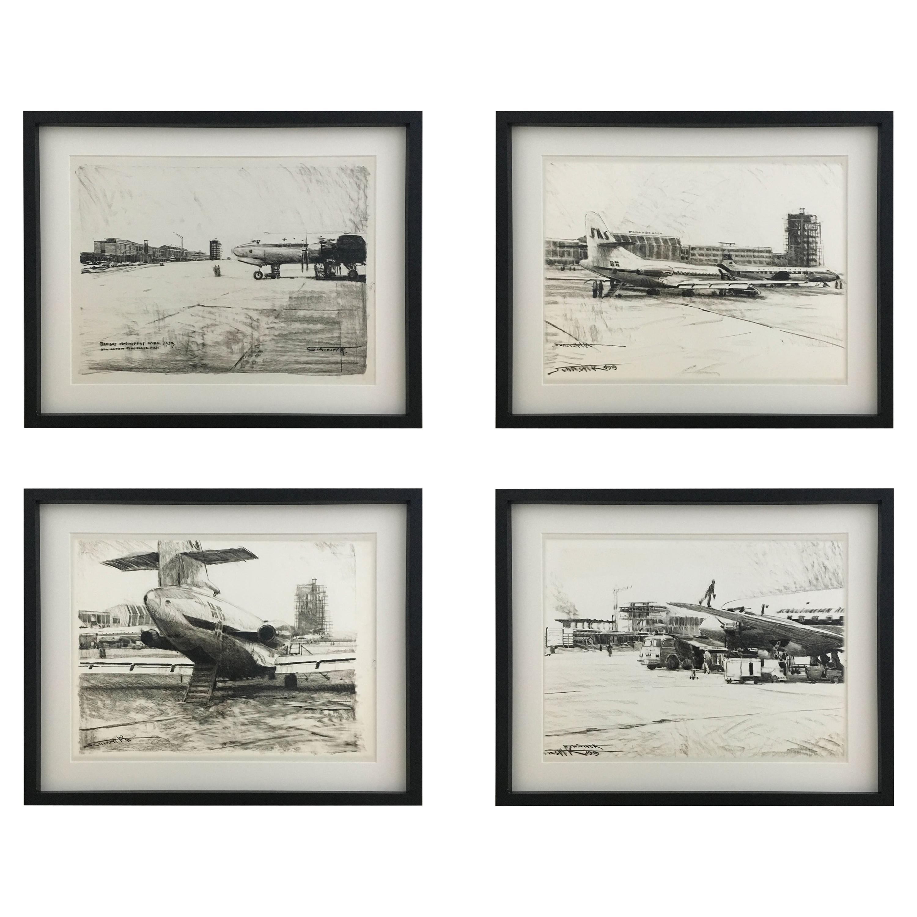Karl Schiestl Set of Four Large Airport Vienna 'Neubau' Drawings, Austria 1959 For Sale