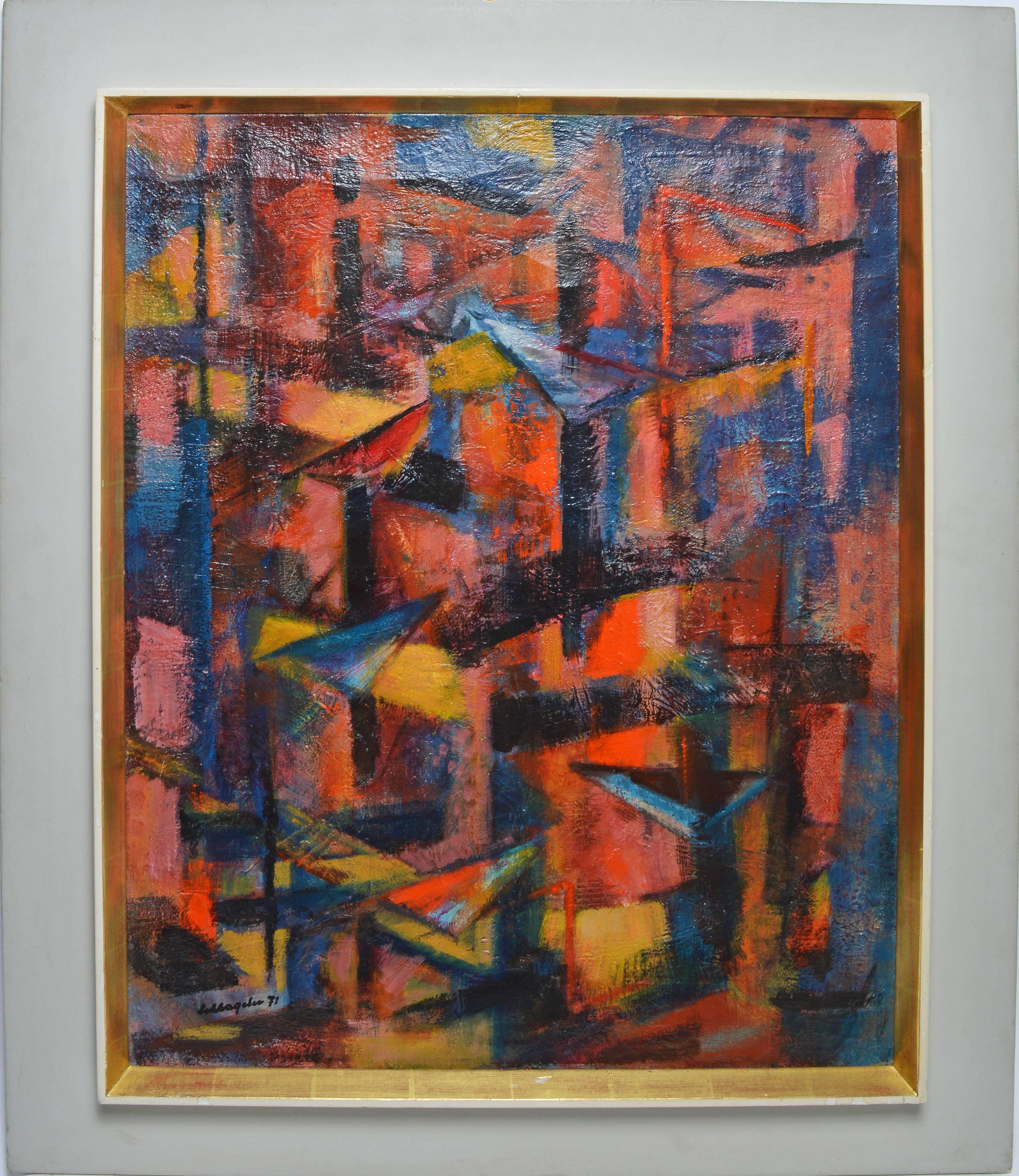 Abstract expressionist composition by Karl Schlageter  (1894 - 1990).  Oil on canvas, circa 1950.  Signed.  Displayed in a white modernist frame.  Image size, 24"L x 32"H, overall 31"L x 39"H.
