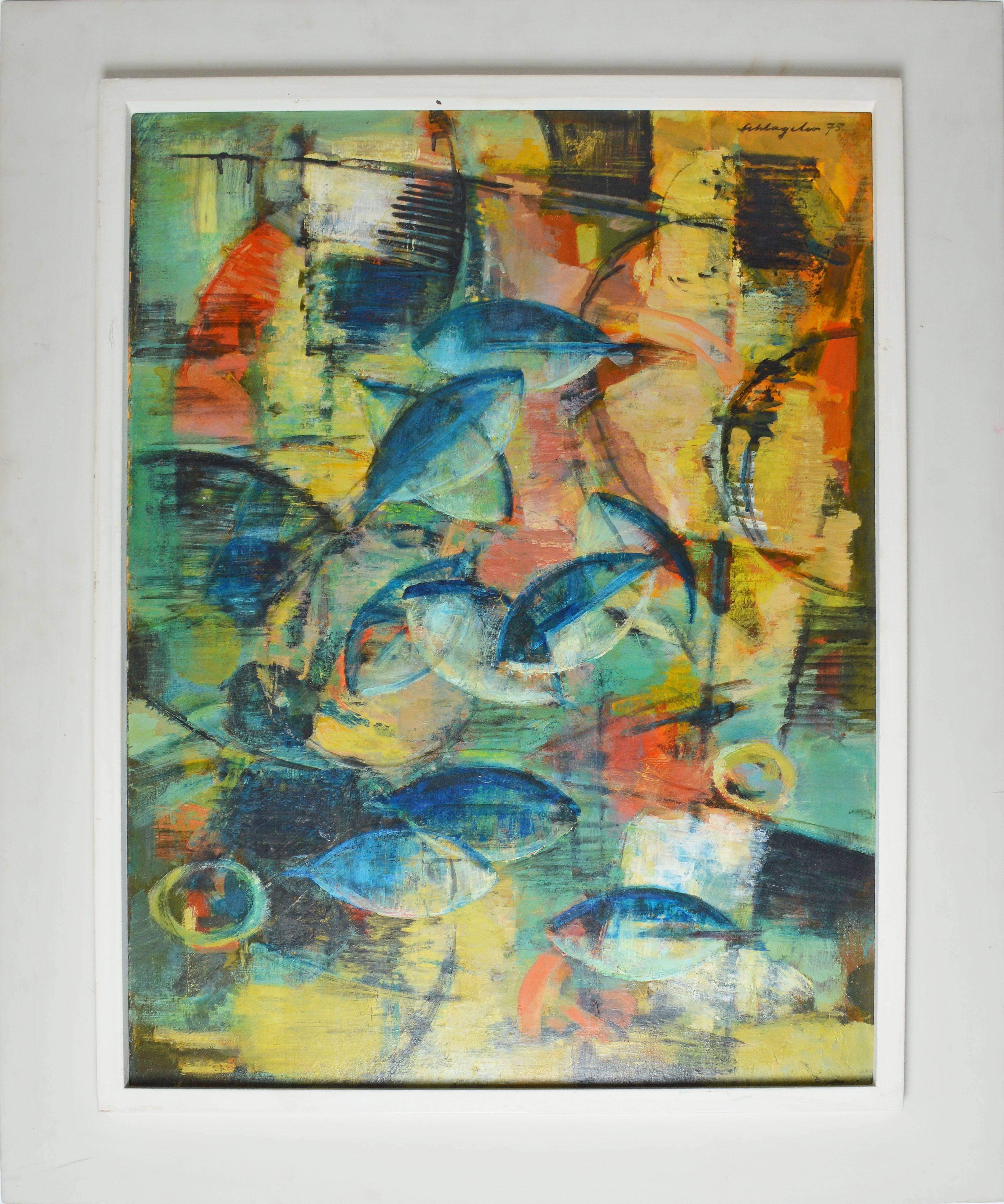 Abstract expressionist composition with fish by Karl Schlageter  (1894 - 1990).  Oil on canvas, circa 1975.  Signed.  Displayed in a white modernist frame.  Image size, 23.5"L x 32.5"H, overall 30"L x 40"H.