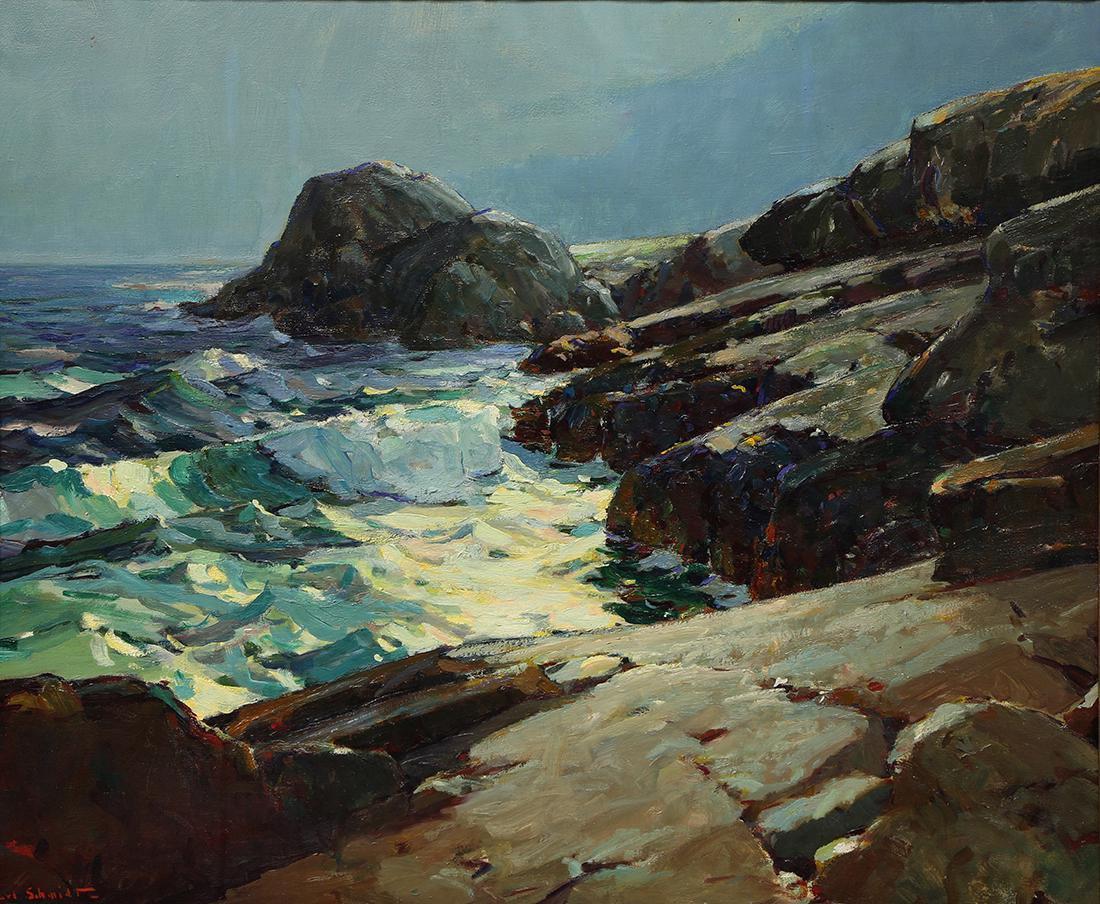 Karl Schmidt (b.1890) Landscape Painting - Karl Schmidt "Monhegan" Seascape Painting Museum Deaccession