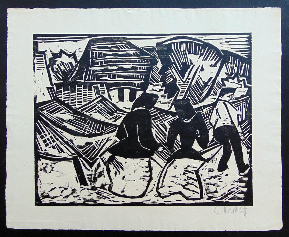 By the Nets - German Expressionism Woodcut Schmidt-Rottluff - Print by Karl Schmidt-Rottluff