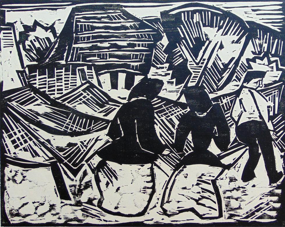 Karl Schmidt-Rottluff Figurative Print – Durch die Netze – Deutscher Expressionismus Holzschnitt Schmidt-Rottluff