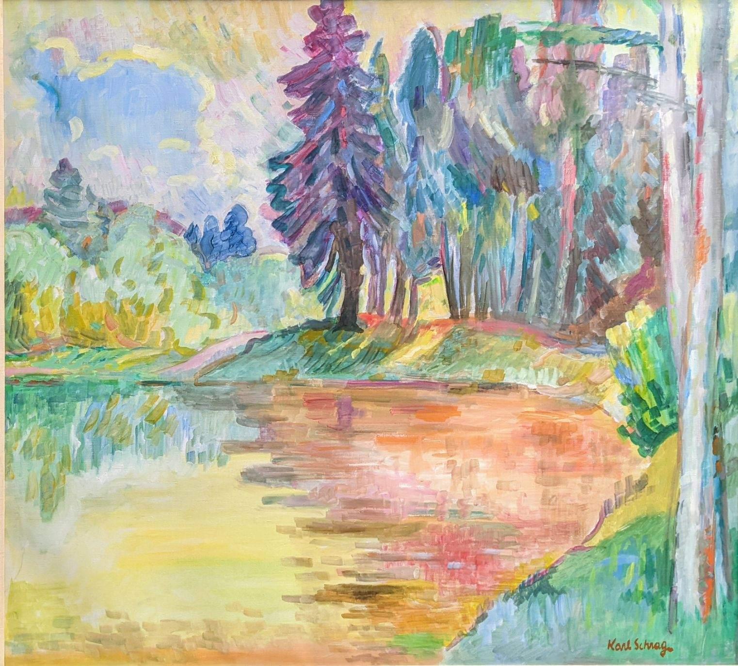 Karl Schrag (1912 - 1995)
Noon Silence By A Pond, circa 1959
Oil on canvas
46 x 42 inches
Signed lower right

Provenance:
Kraushaar Galleries, New York
Private Collection, Sag Harbor, New York (acquired from the above)

Karl Schrag, a German-born