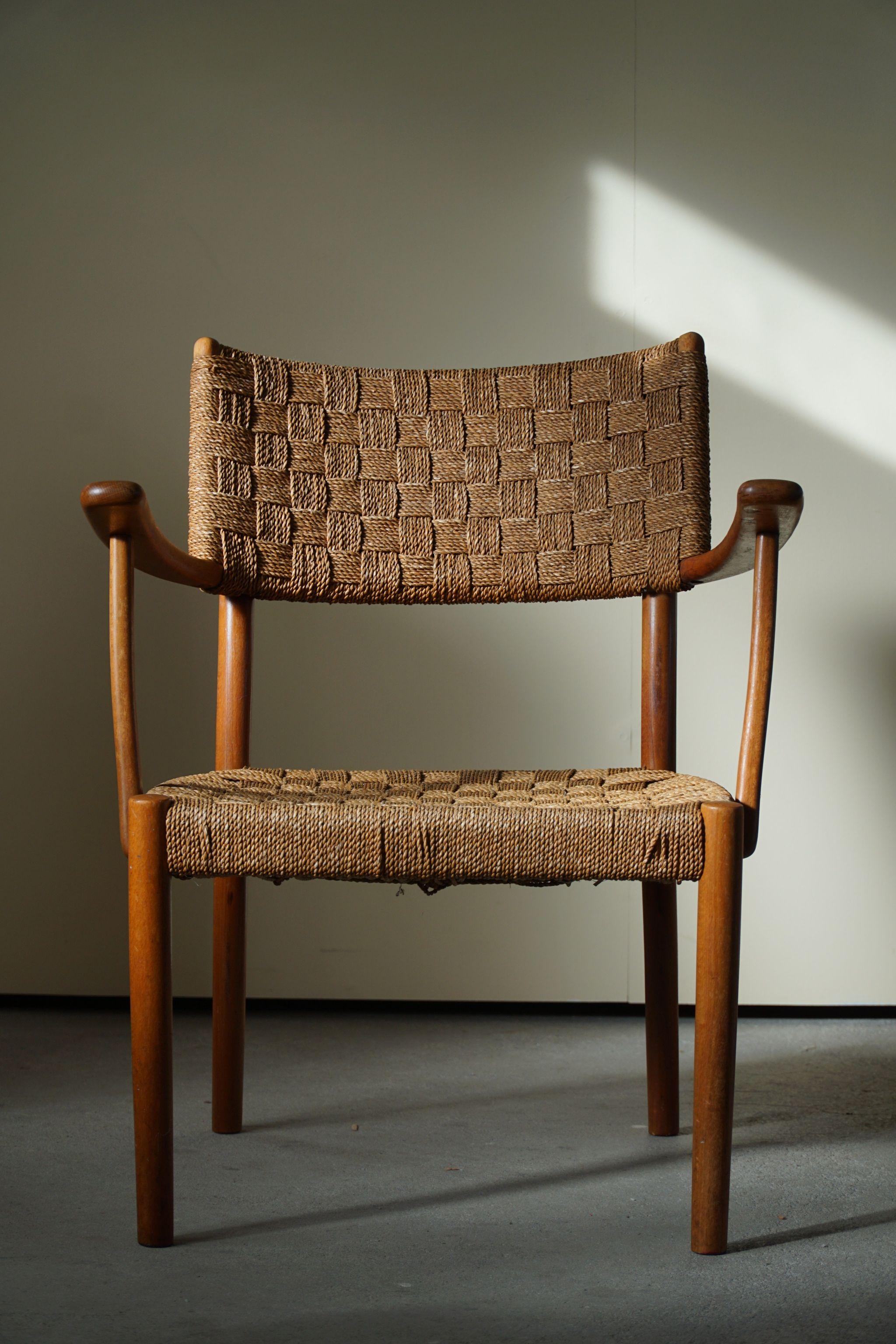 Danish Karl Schrøder Armchair in Beech & Seagrass, Made by Fritz Hansen, 1930s