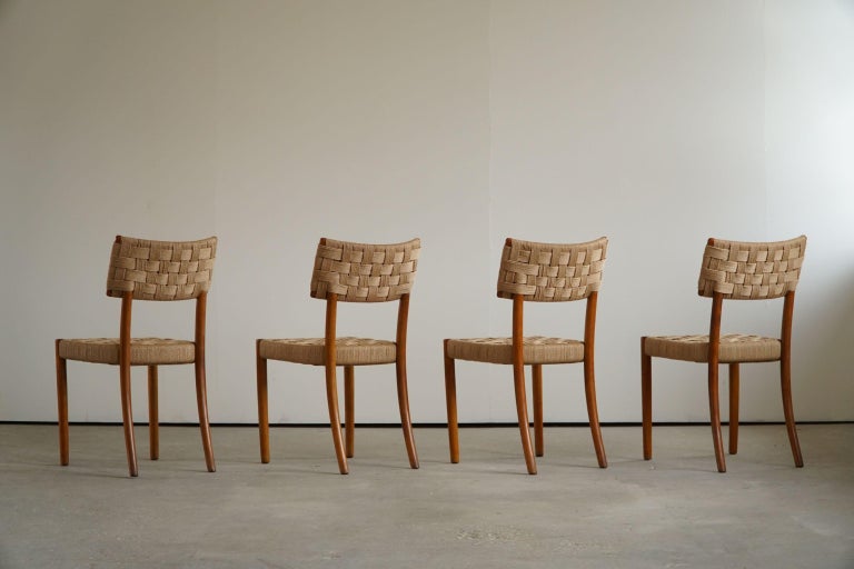 Hand-Woven Karl Schrøder, Set of 4 Dining Chairs for Fritz Hansen, 