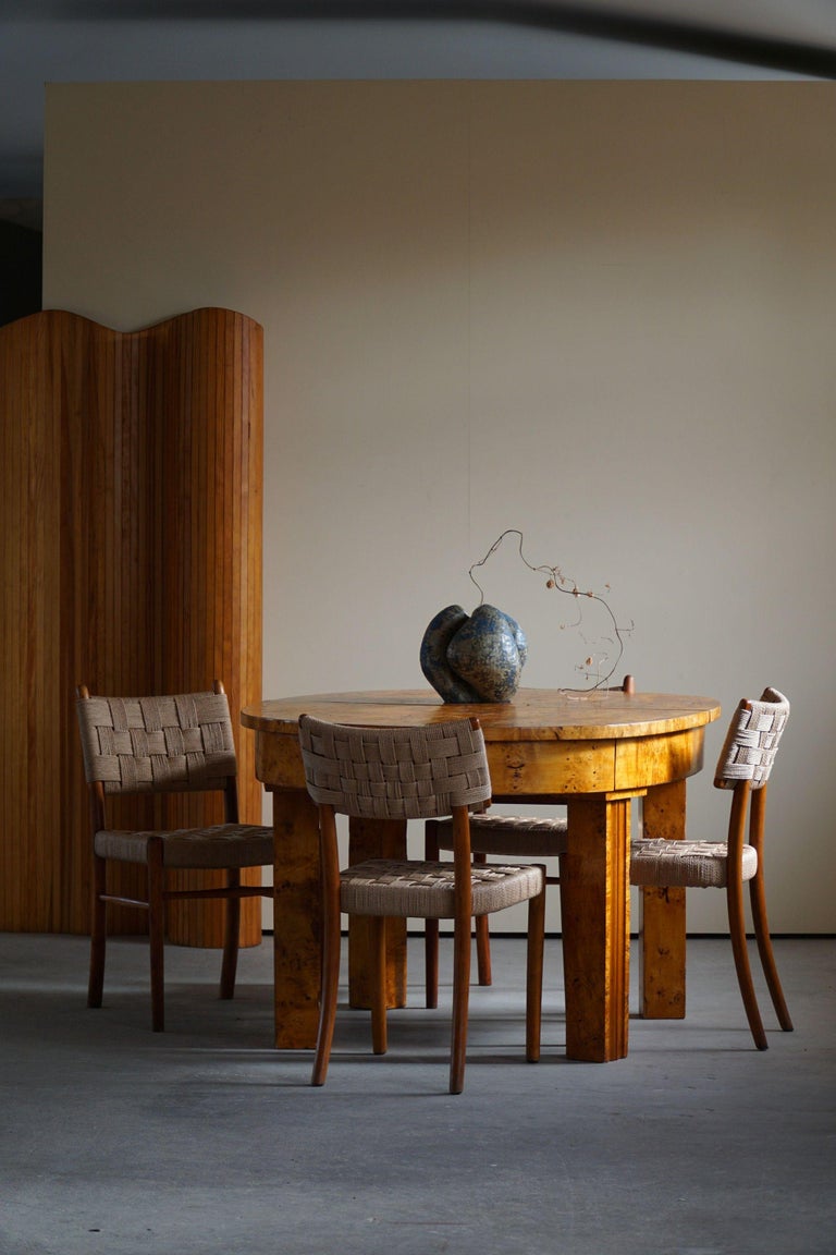 Rare set of 4 dining chairs made in bentwood and reupholstered seat and back in paper cord. Very good vintage condition, with few signs of wear.
Designed by Karl Schröder for Fritz Hansen in 1930s, model 1572.

These chairs will complementary
