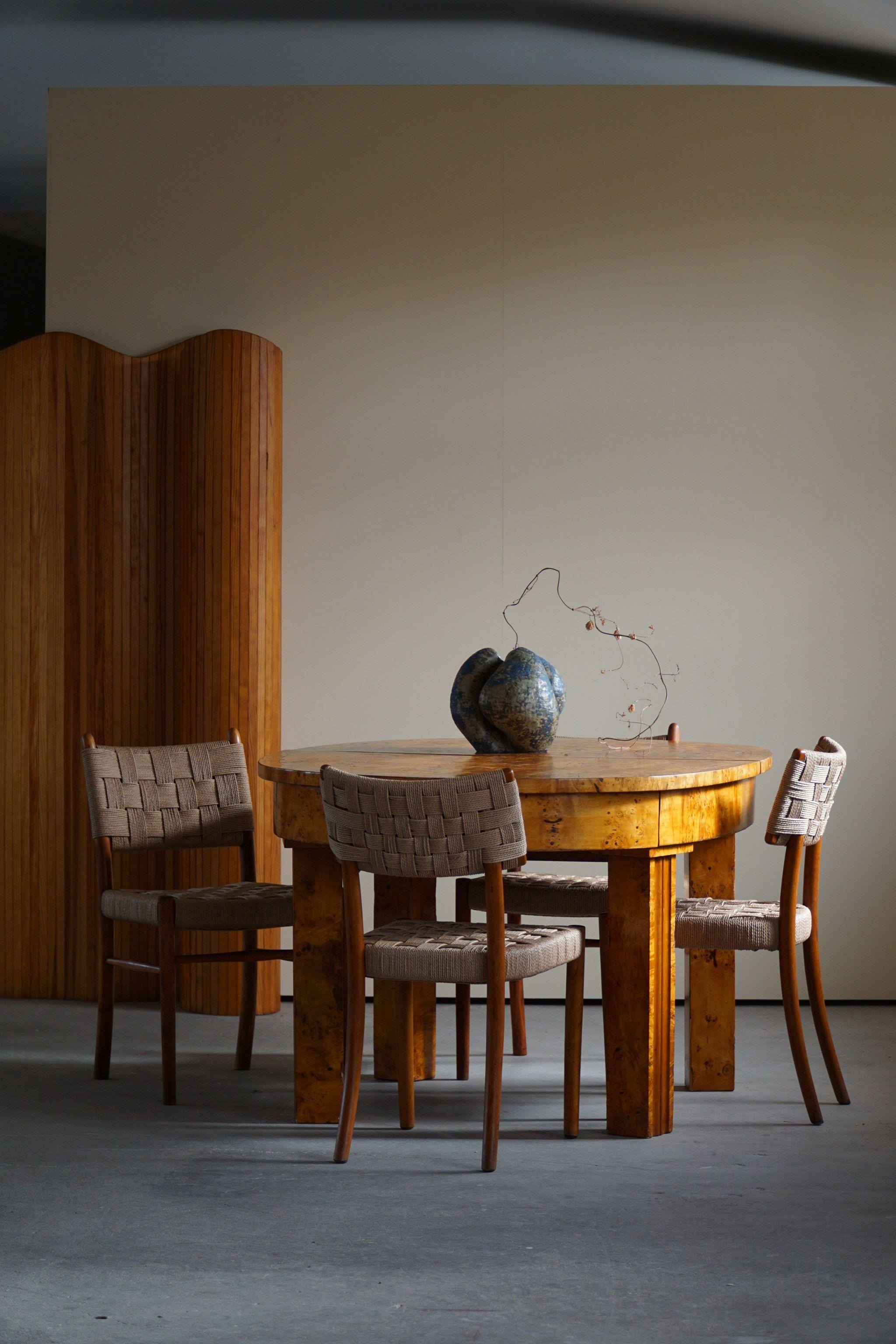 Rare set of 8 dining chairs made in bentwood and reupholstered seat and back in paper cord. Very good vintage condition, with few signs of wear.
Designed by Karl Schröder for Fritz Hansen in 1930s, model 1462 & 1572.

These chairs will
