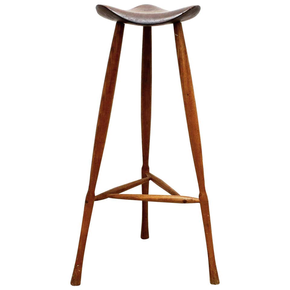 Pair Studio crafted wooden bar stools with rounded back rests For Sale ...