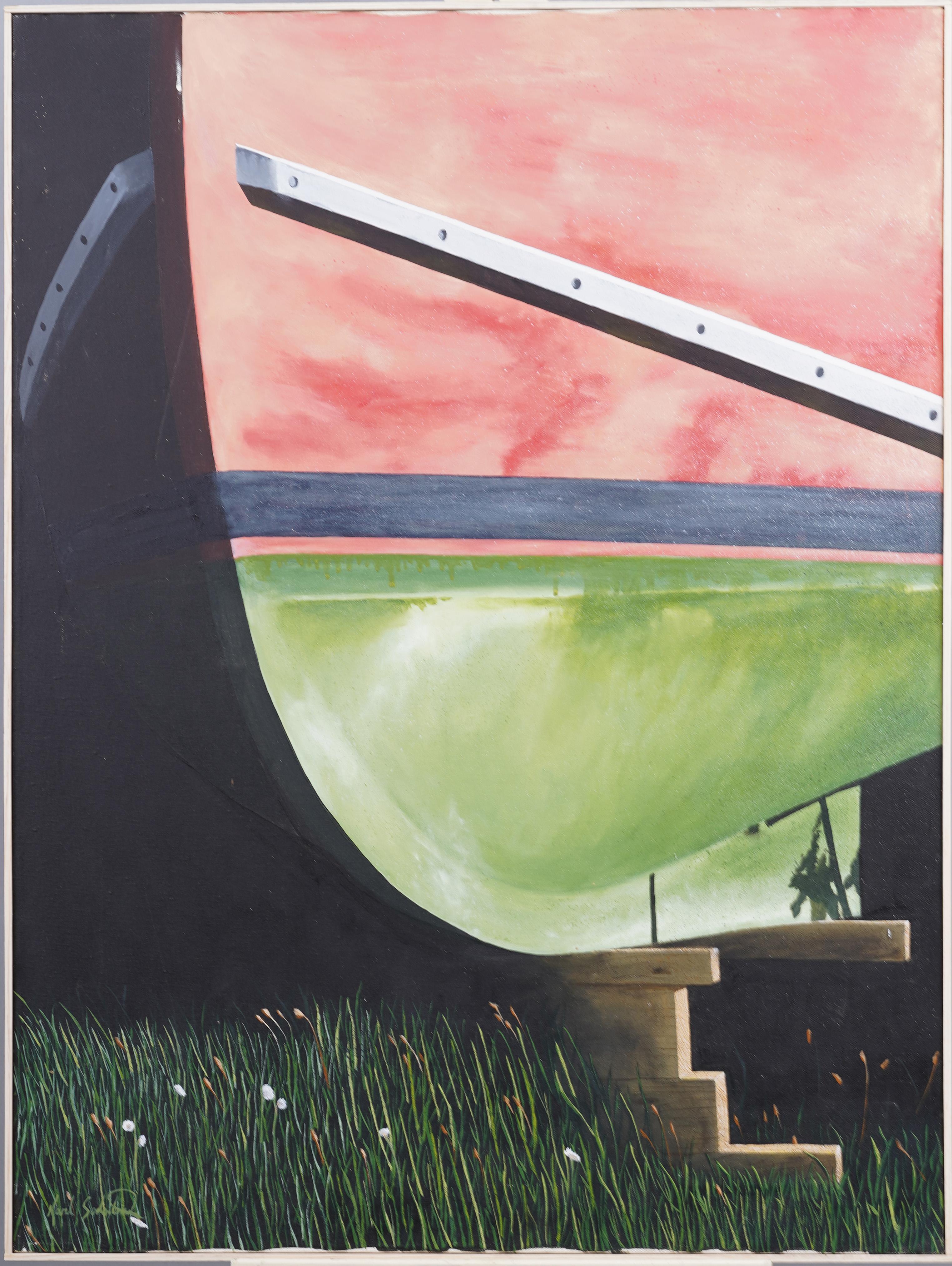 Nicely painted modernist dry dock boat landscape by Karl Soderlund (Born 1962).  Oil on canvas.  Signed. Framed.  