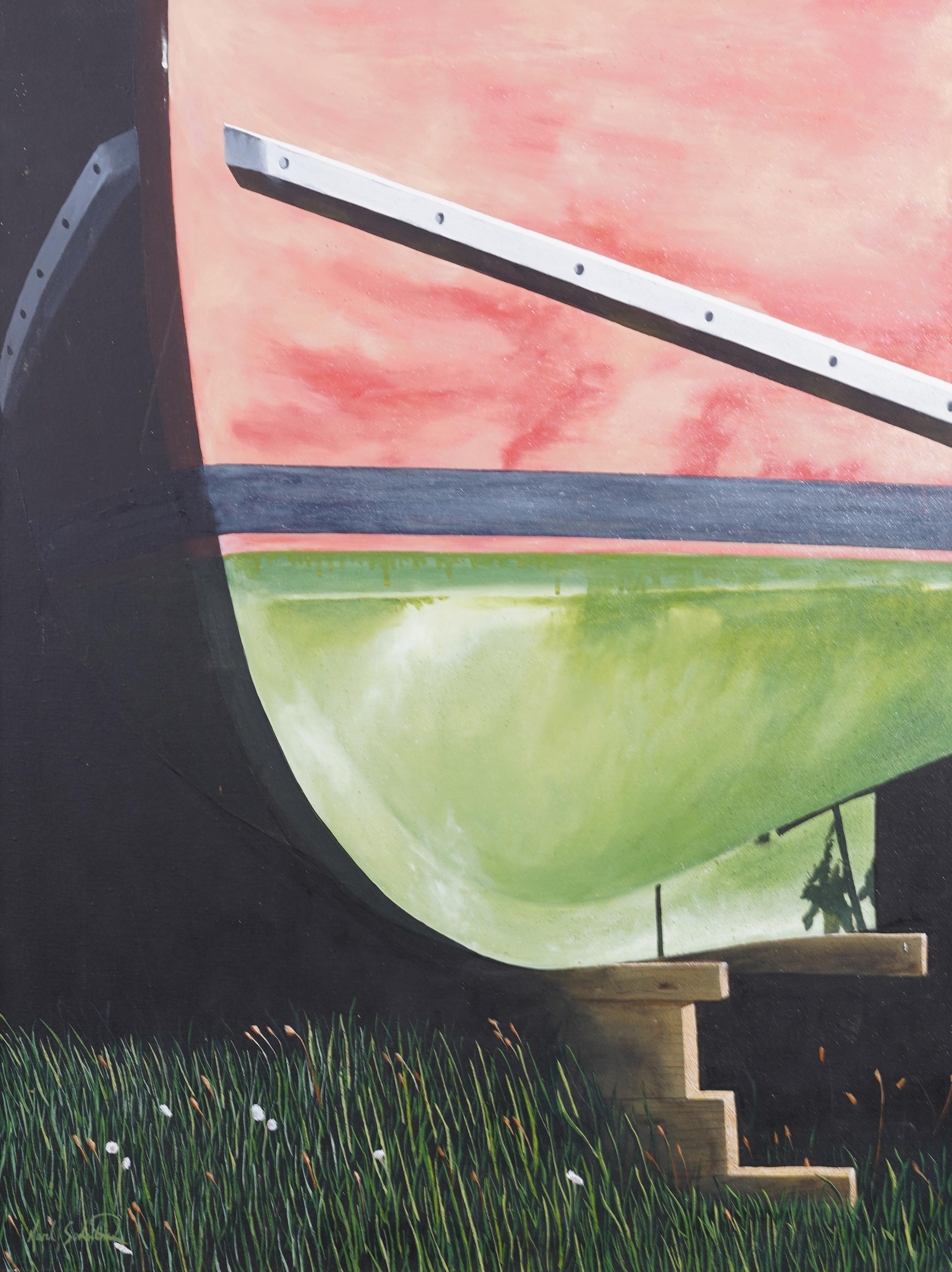 Vintage American Modernist Surreal Dry Dock Boat Scene Signed Framed Painting For Sale 1