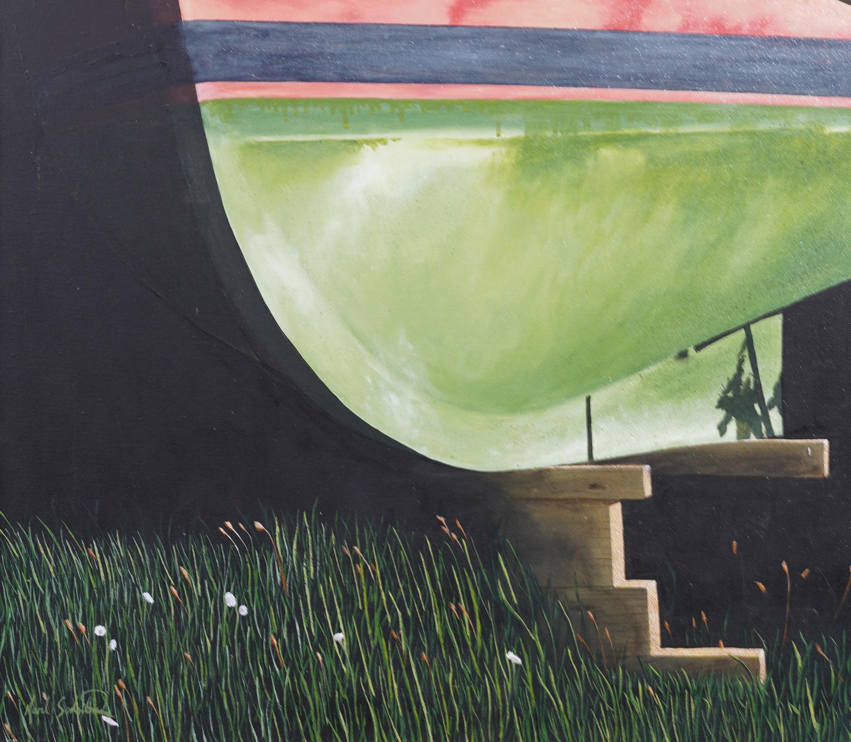 Vintage American Modernist Surreal Dry Dock Boat Scene Signed Framed Painting For Sale 3