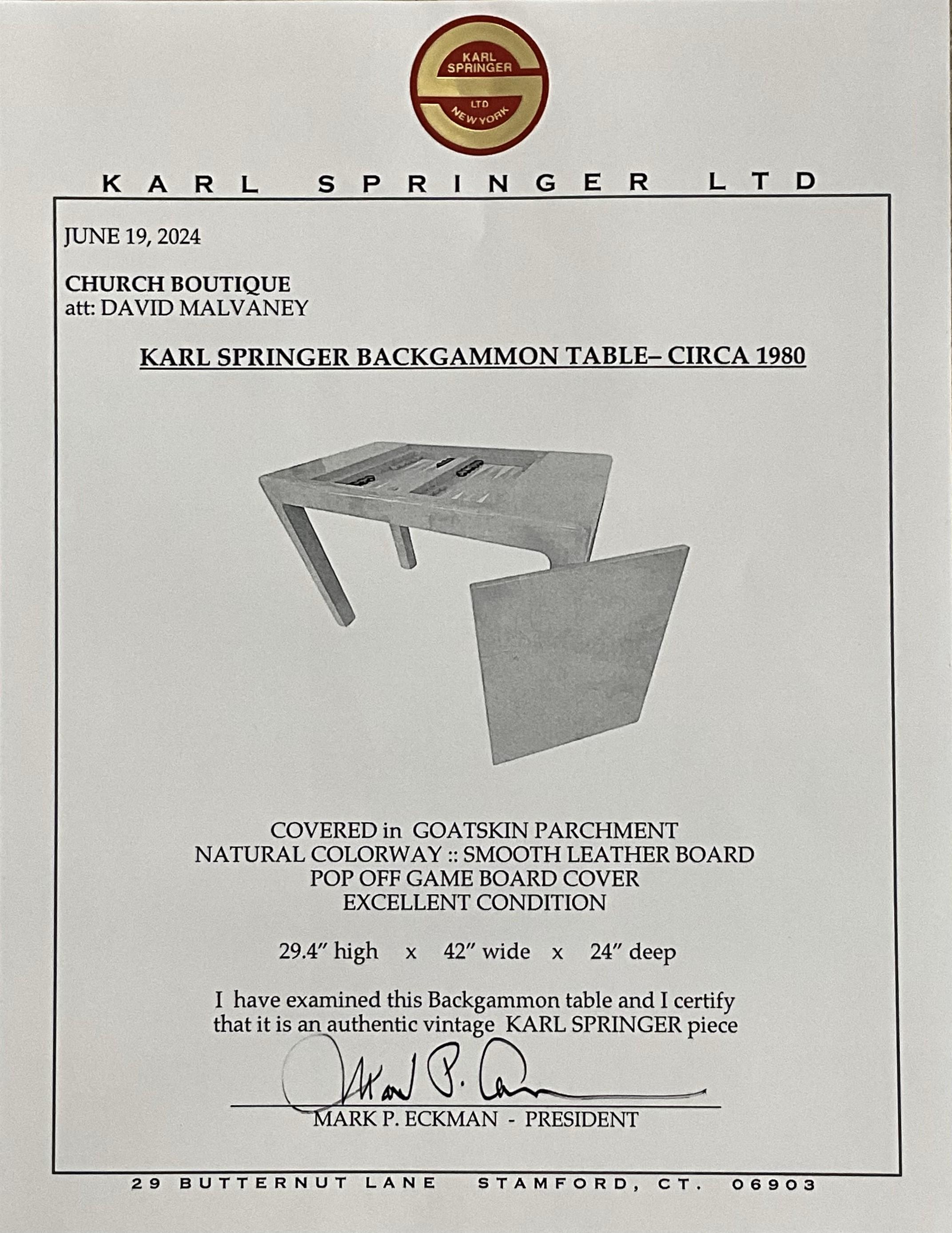 Table de jeu de backgammon en peau de chèvre Karl Springer 1977 en vente 3