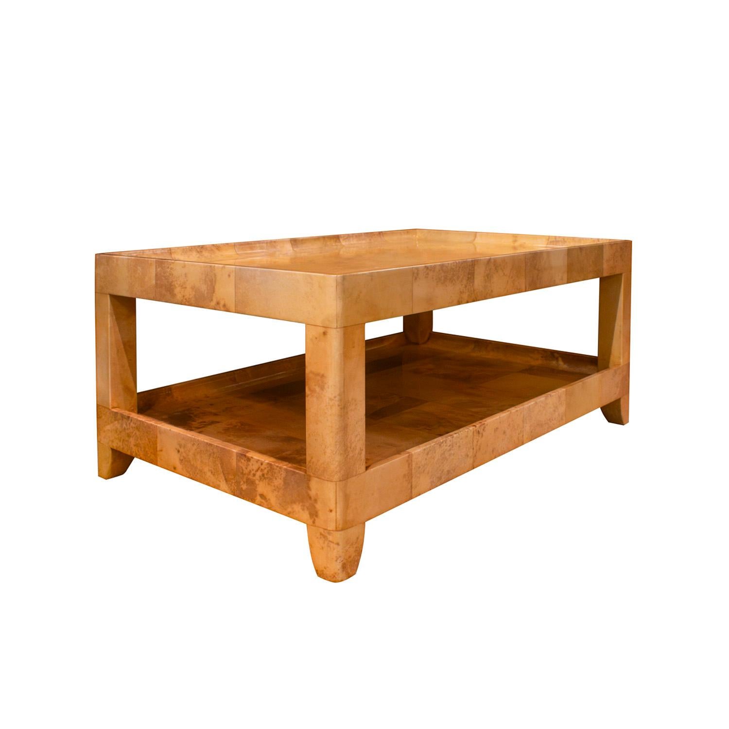 Meticulously crafted Tray Top Coffee Table in lacquered goatskin with circular bone inlays by Karl Springer, American 1980's. The coloration of the goatskin is superb. The bone inlays on this table are exquisite.  Another incredible Springer