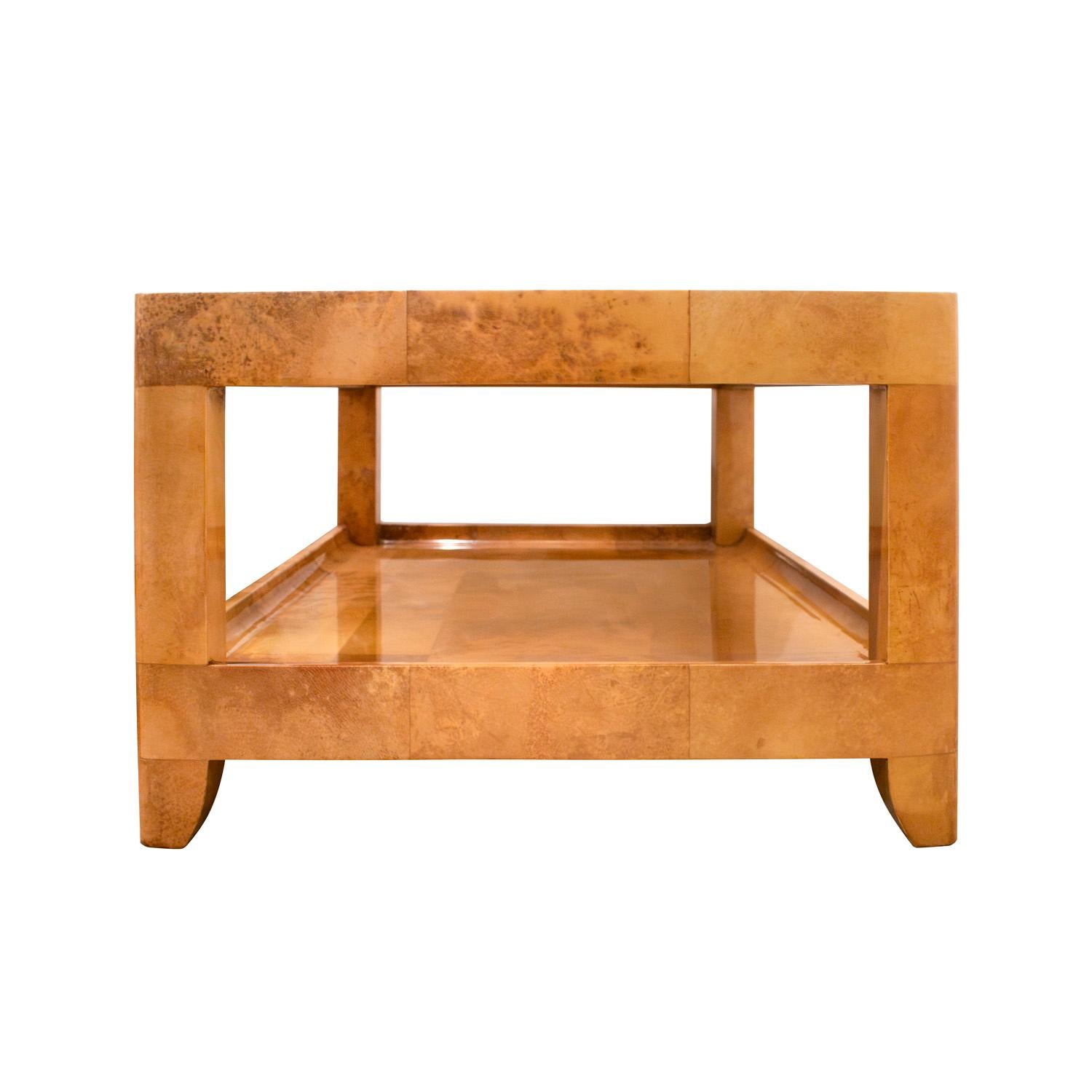 Modern Karl Springer 2-Tier Coffee Table in Lacquered Goatskin with Bone Inlays 1980s