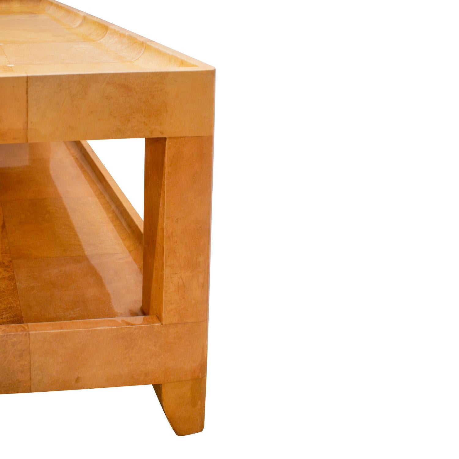 Hand-Crafted Karl Springer 2-Tier Coffee Table in Lacquered Goatskin with Bone Inlays 1980s